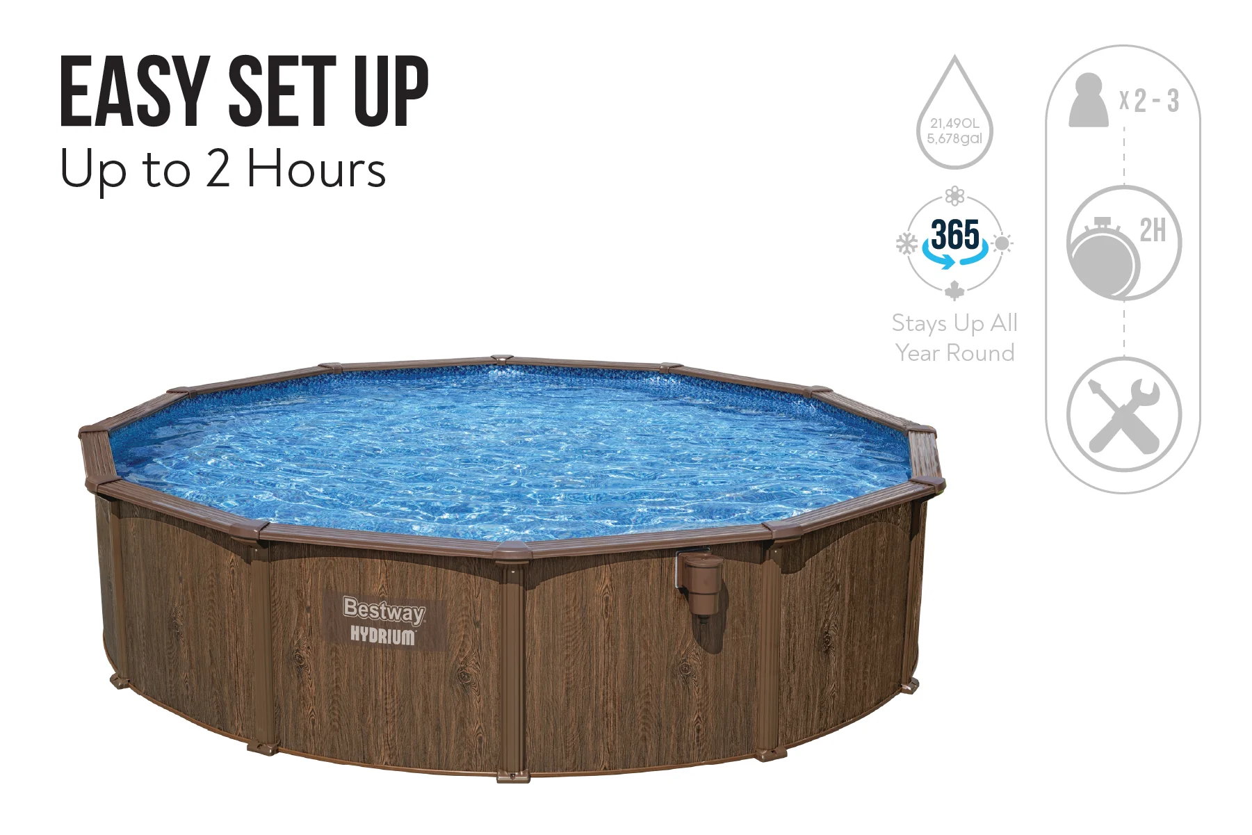 2025 Set di piscina in acciaio Hydrium rotondo con finitura in legno, 16 piedi x 52 pollici, per piscina gonfiabile