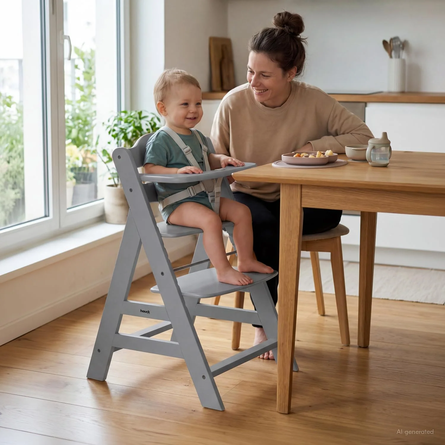 hauck Alpha Plus Hochstuhl aus Holz, mitwachsender Kinderhochstuhl mit 5-Punkt-Gurt und Schutzbügel