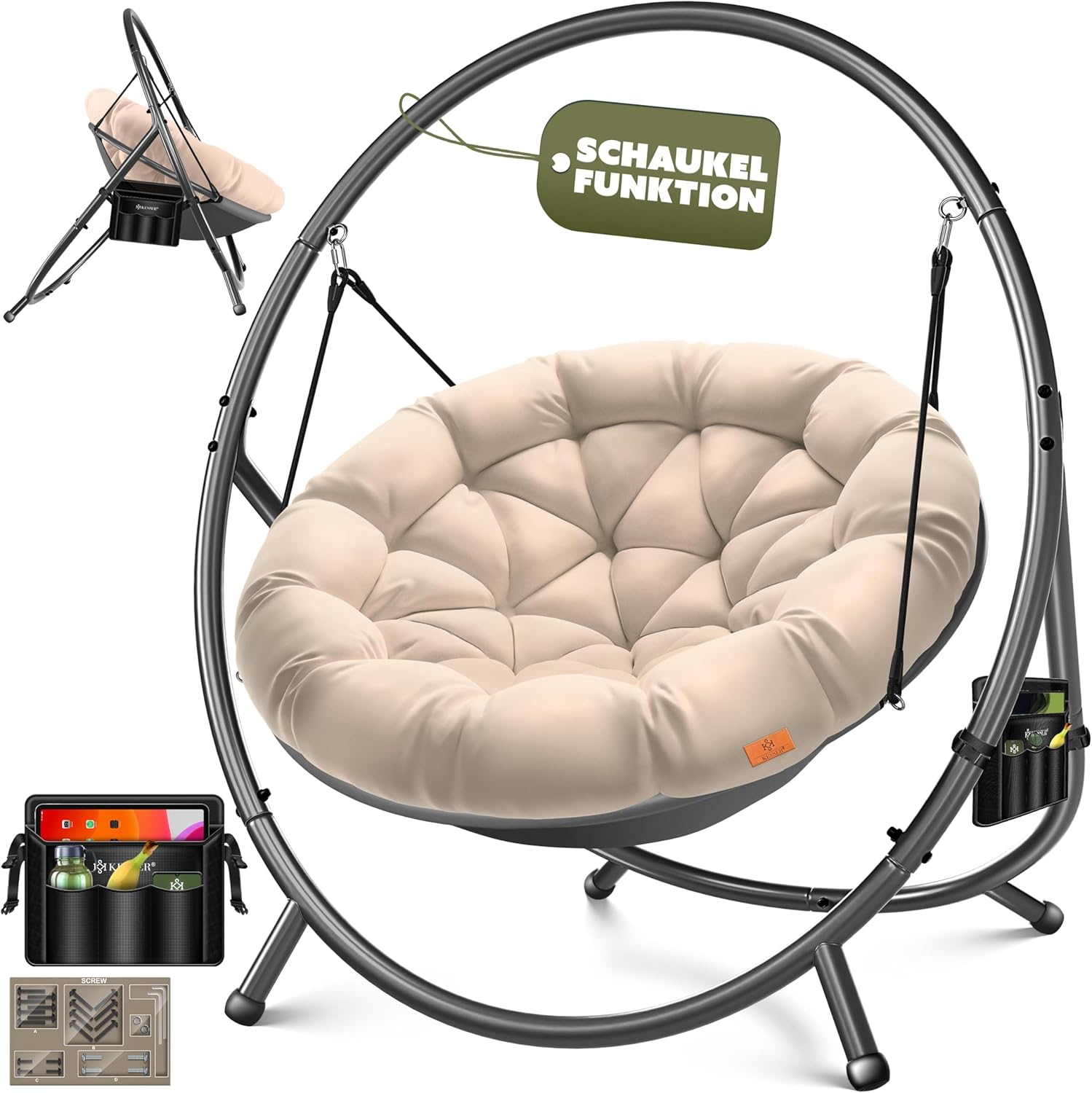 KESSER® Fotel wiszący ze stalowym stelażem, huśtawka, do 150 kg, do użytku wewnątrz i na zewnątrz, z poduszką i kieszenią boczną, kosz wiszący, piankowa poduszka, idealny do salonu i ogrodu