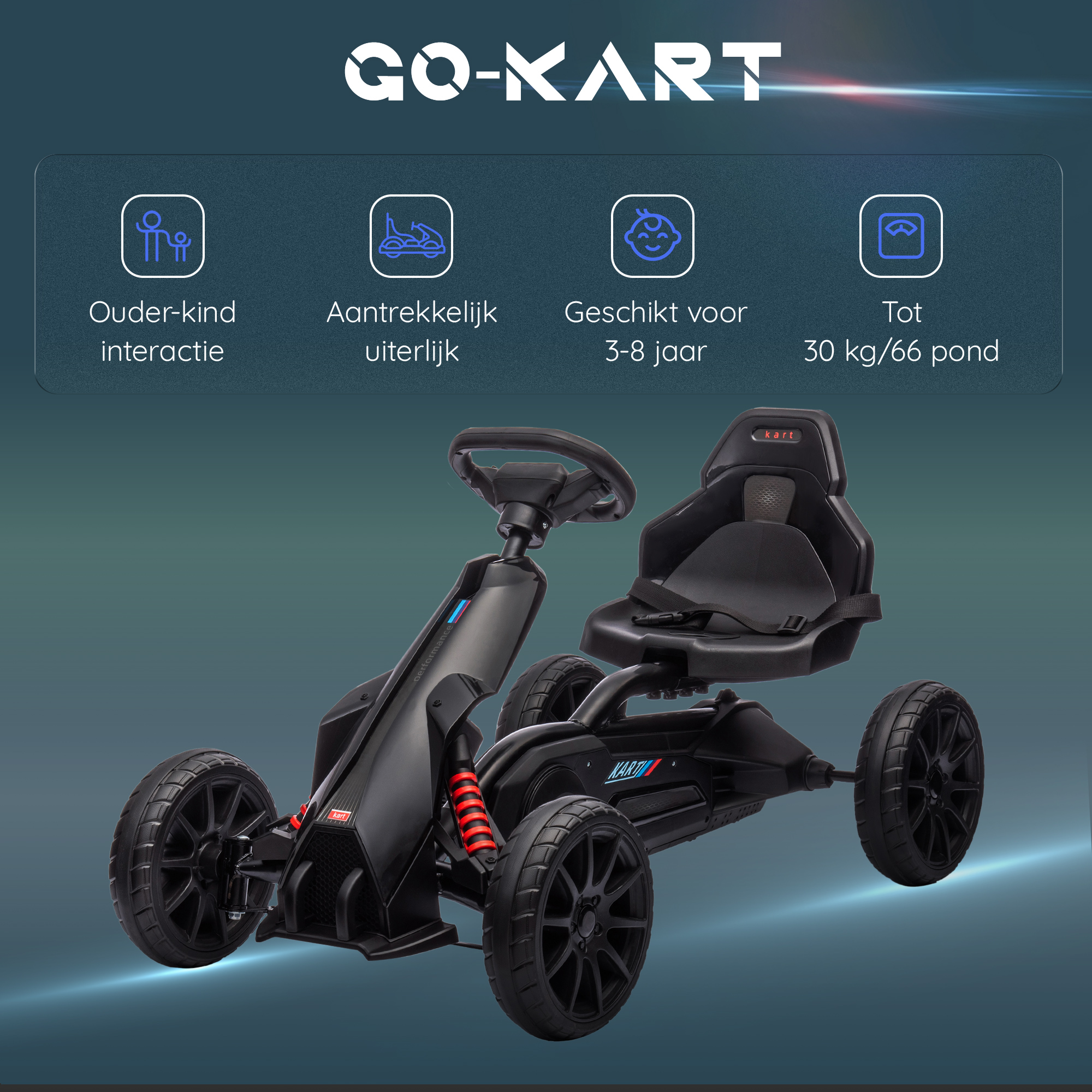 Go-Kart Kinderrijtuig met Verstelbare Zitting, Trapvoertuig, Trapauto met Handrem, 3-8 Jaar, Buiten, Zwart