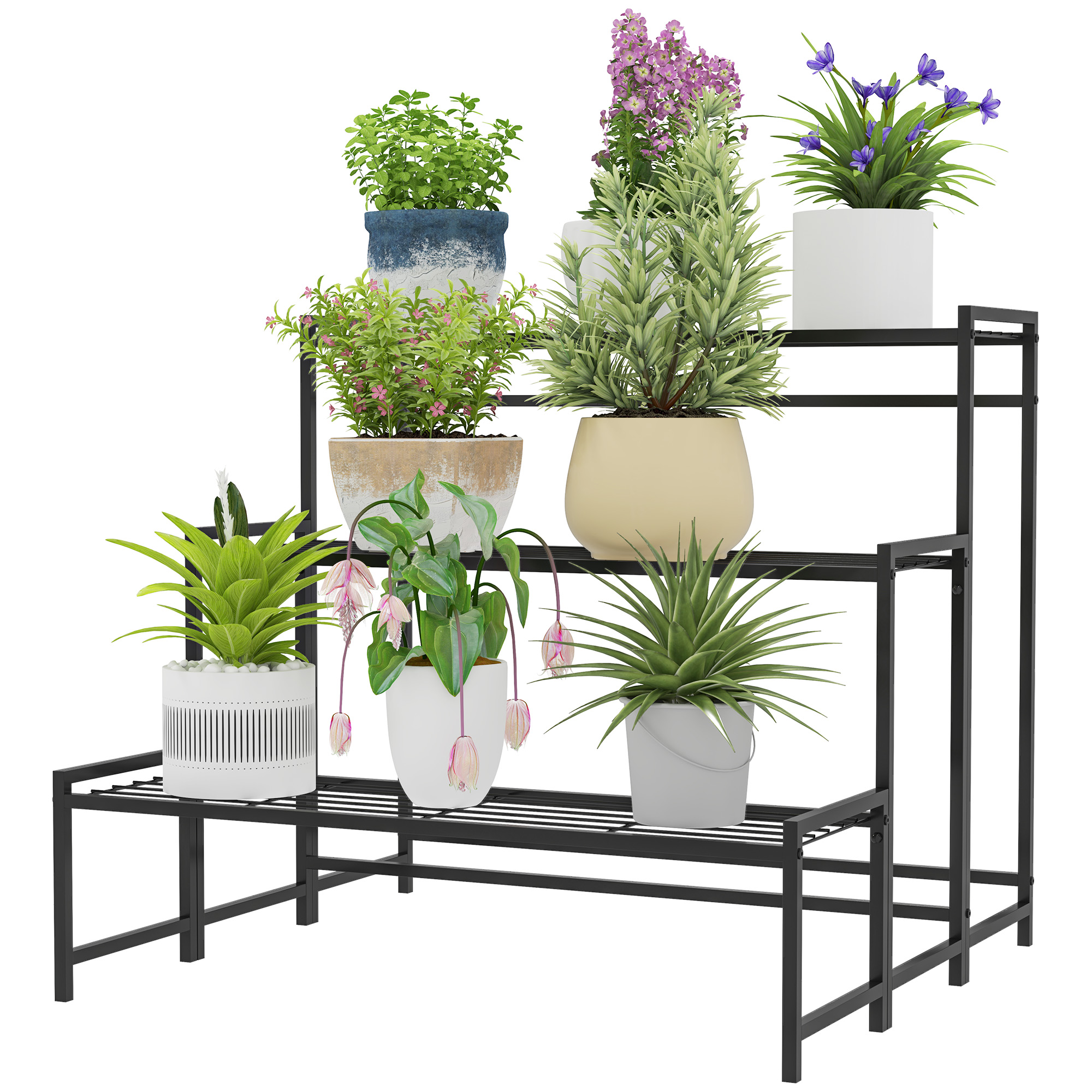 Outsunny Blumentopfständer, 3-stufiger Pflanzenständer in Treppenform, Blumentopfgestell für drinnen und draußen, Metall, Schwarz