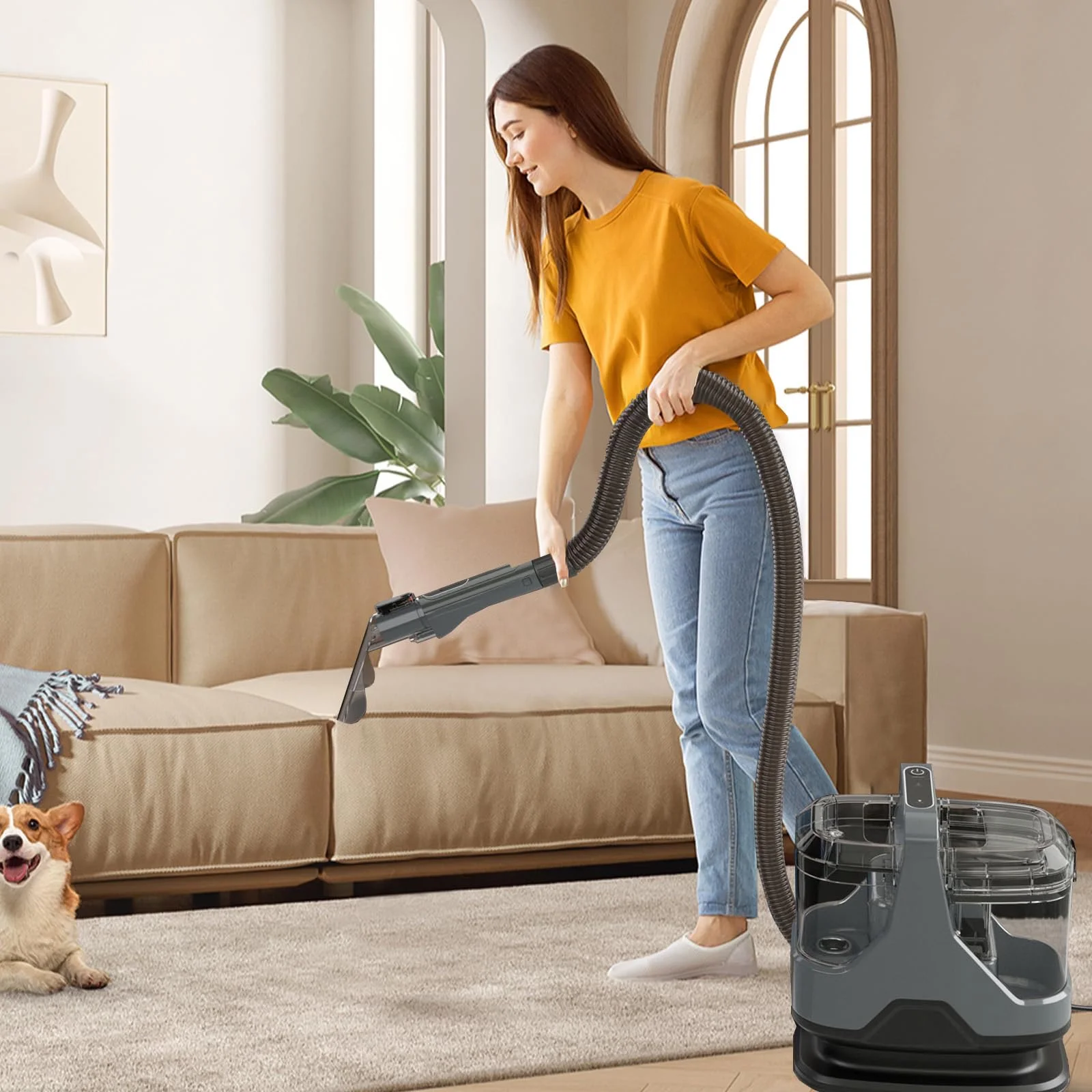 600W Upholstery Cleaner Machine with 15Kpa Powerful Suction and Versatile Attachments-Gray