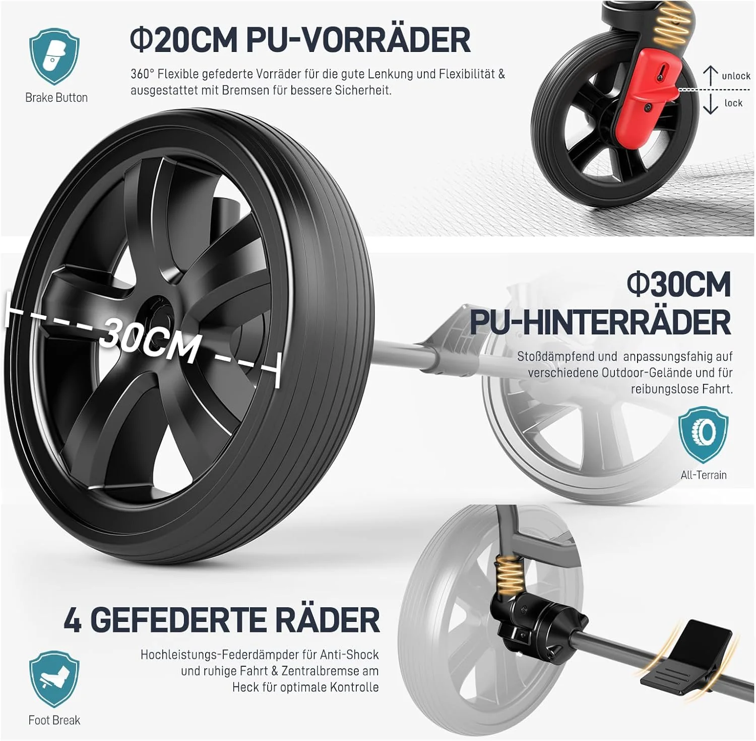 EVER ADVANCED Bolderkar voor 2 kinderen Opvouwbaar met dak, kinderwagen 2x5-punts veiligheidsgordel met luiertas, bolderkar met zitje, handwagen transportwagen, trekken & duwen, voetrem