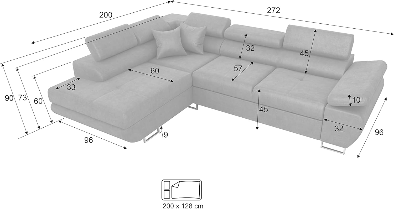 Robin Inspire Saturn Premium Kingston Divano ad angolo con funzione di letto con cassetto per la biancheria e cuscini e Poggiatesta regolabili angolo a sinistra grigio scuro 272 x 200 x 73/90