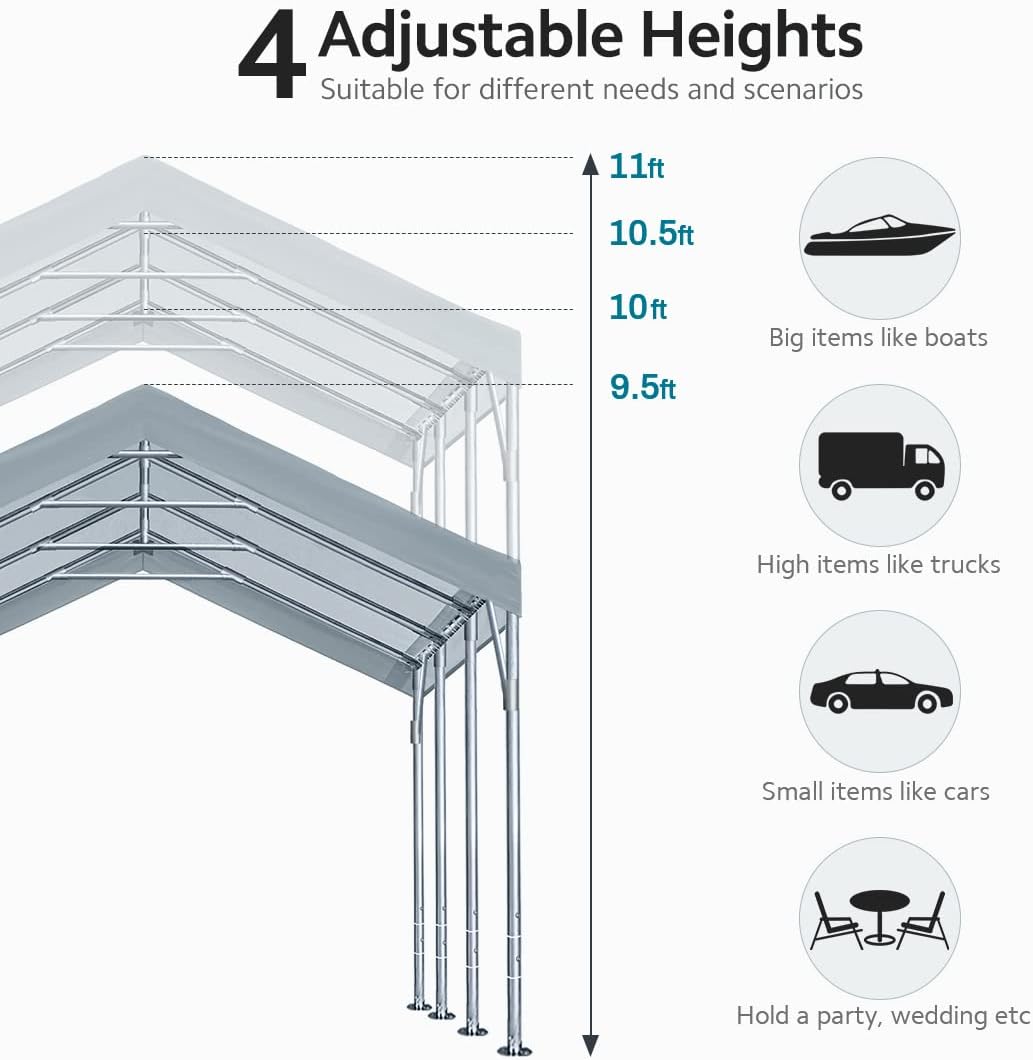 ADVANCE OUTDOOR 12x20 ft Heavy Duty Carport Potable Car Canopy Garage Party Tent Boat Shelter  Adjustable Height from 9.5 ft to 11 ft  Gray