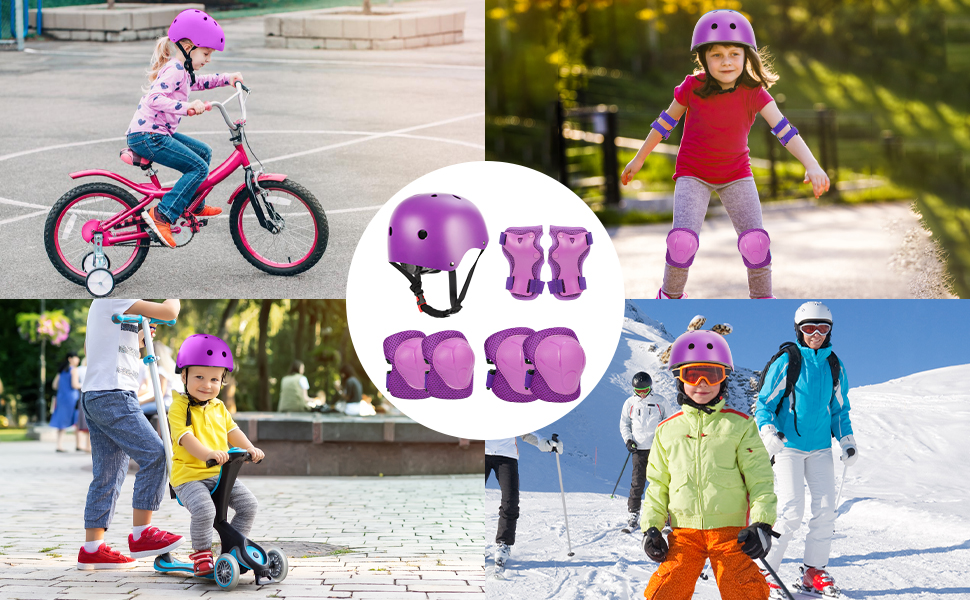 Composito di bambini che indossano equipaggiamento di sicurezza viola per varie attività: ciclismo, pattinaggio, scooter e sci. L'immagine centrale mostra casco, ginocchiere e gomitiere