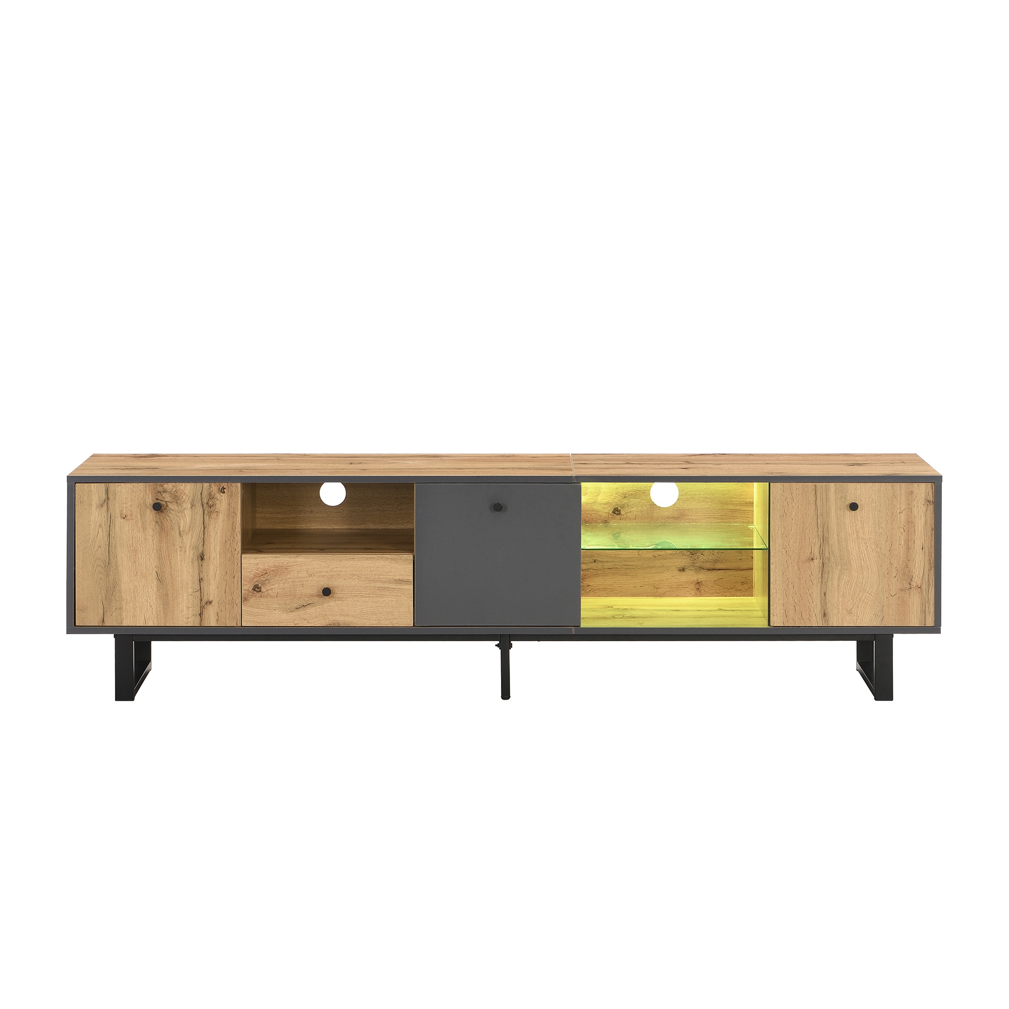 Lowboard TV-Schrank mit LED-Beleuchtung, Glastrennwänden und Pufferscharnieren im modernen Design, Holzfarbe