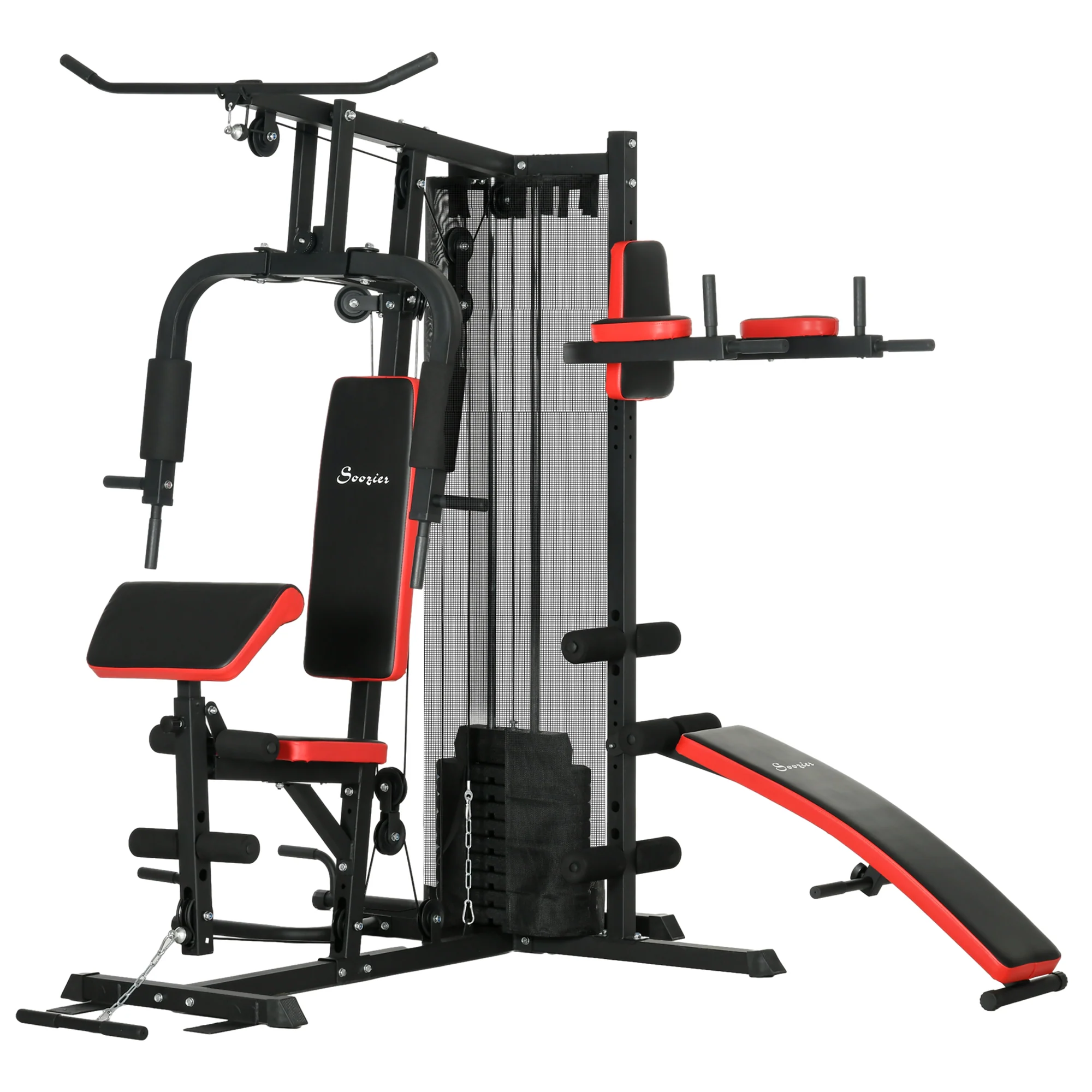 SPORTNOW Multifunctionele Trainingsstation met 65 kg Gewichtsblok, Verstelbaar, Voor Thuis Fitness, Staal, Kunstleer