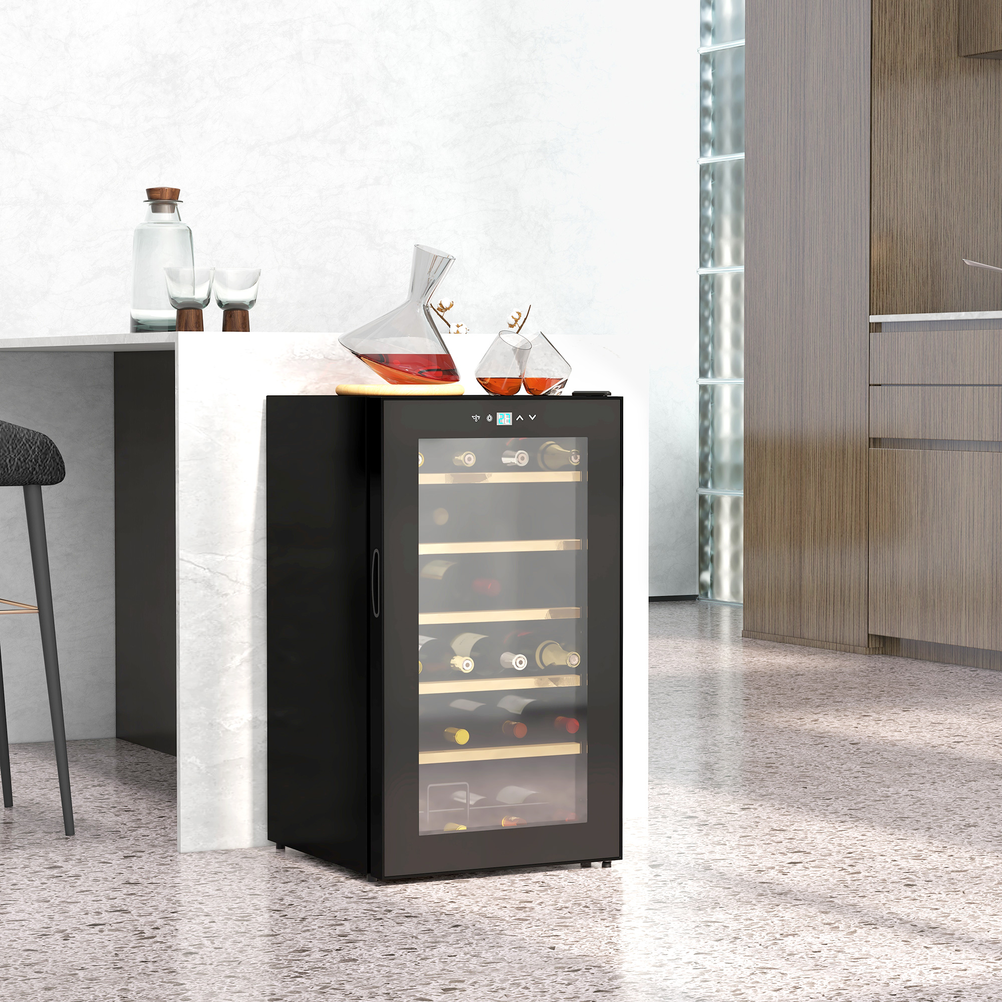HOMCOM Weinkühlschrank klein Wohnzimmer für 24 Flaschen, einstellbare Temperatur 5 bis 20° C, LED-Beleuchtung, schwarz, 43 x 45 x 75 cm