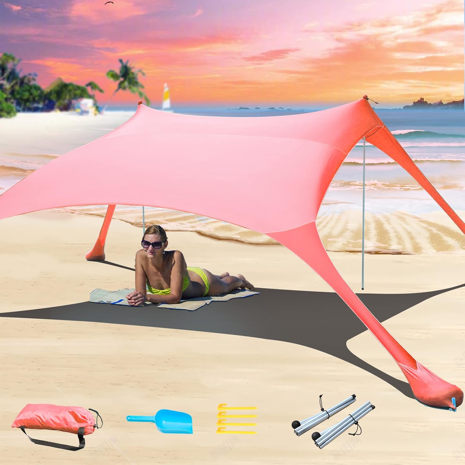 Cuupo 2 x 2.1m Pop Up Lycra Beach Tent SPF 50 Outdoor Garden Sun Shade Windproof with Stability Stakes and Beach Towel Turquoise