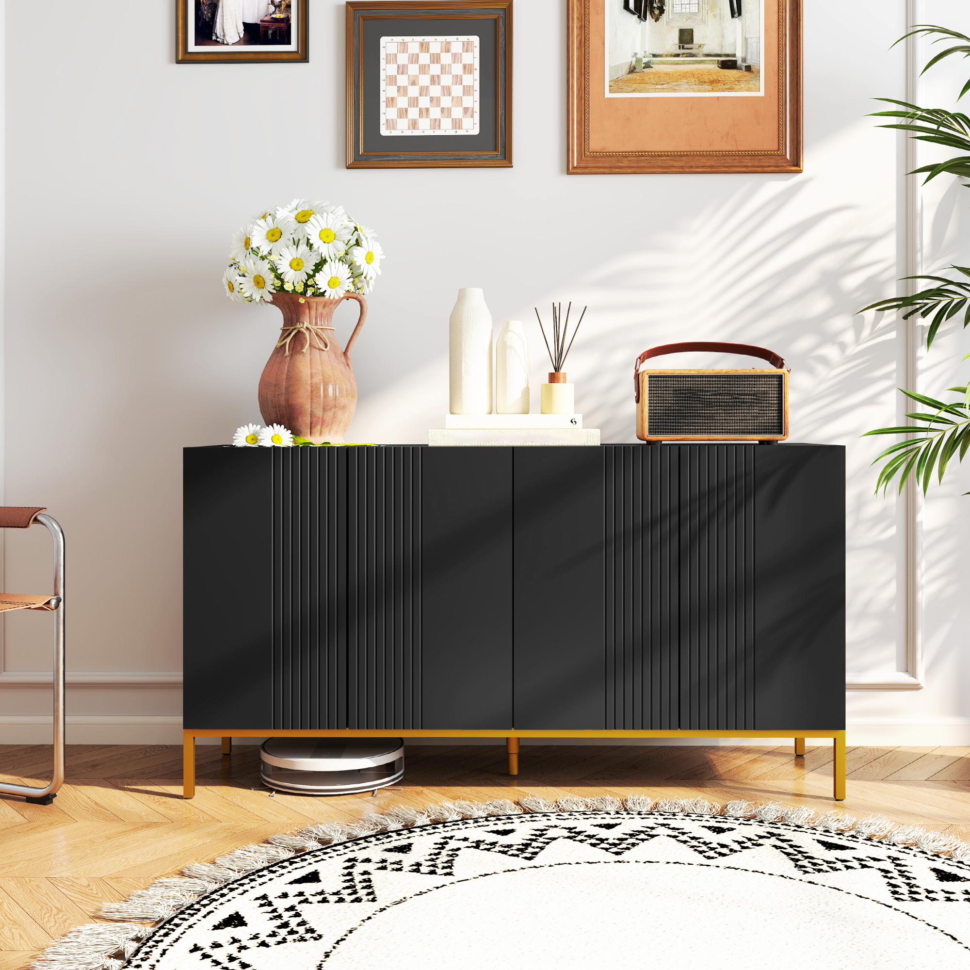 HOMCOM Buffet zeitgenössisches Design graphisch 2 Schränke Tür höhenverstellbare Regale Holz Schwarz Metall Gold