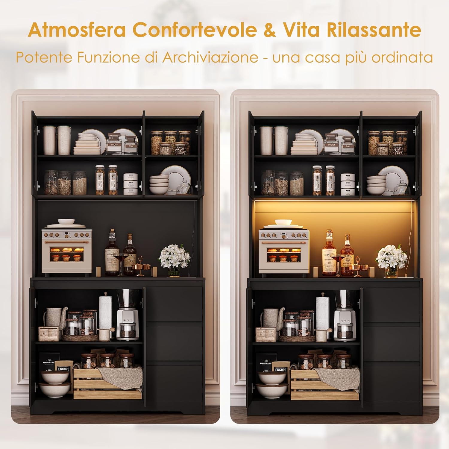 FirFurd Credenza Cucina, Credenza Alta con Luci a LED e Prese, Mobile Buffet con Cassetti e Armadi, Ripiani Regolabili, per Cucina, Soggiorno, Studio180x100x38,5cm (Nero)