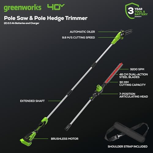 Greenworks 40V Sega e Tagliasiepi ad Asta a Batteria 2 in 1, Motore Brushless da 30 cm, Lama a Doppia Azione da 51 cm, Batteria da 2 e Caricabatterie GD40PSHK2x : Amazon.it: Giardino e giardinaggio