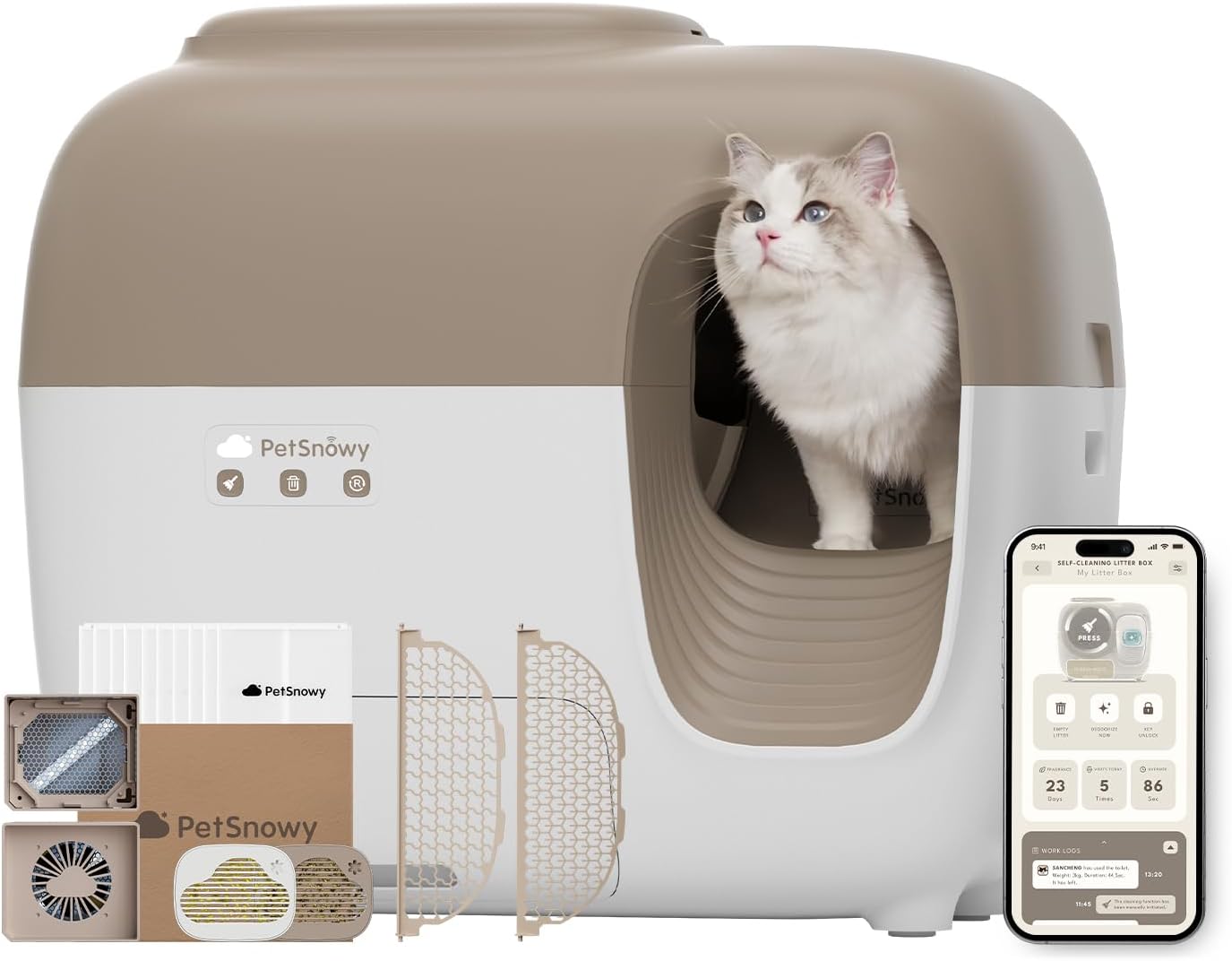 PetSnowy Snow+ Lettiera Gatto Autopulente con Stop all'odore di TiO2 alla fonte/Controllo tramite APP/7 livelli di protezione/Rilevamento multiplo di gatti, Max Capacità 83L per gatti 1,5-9 kg