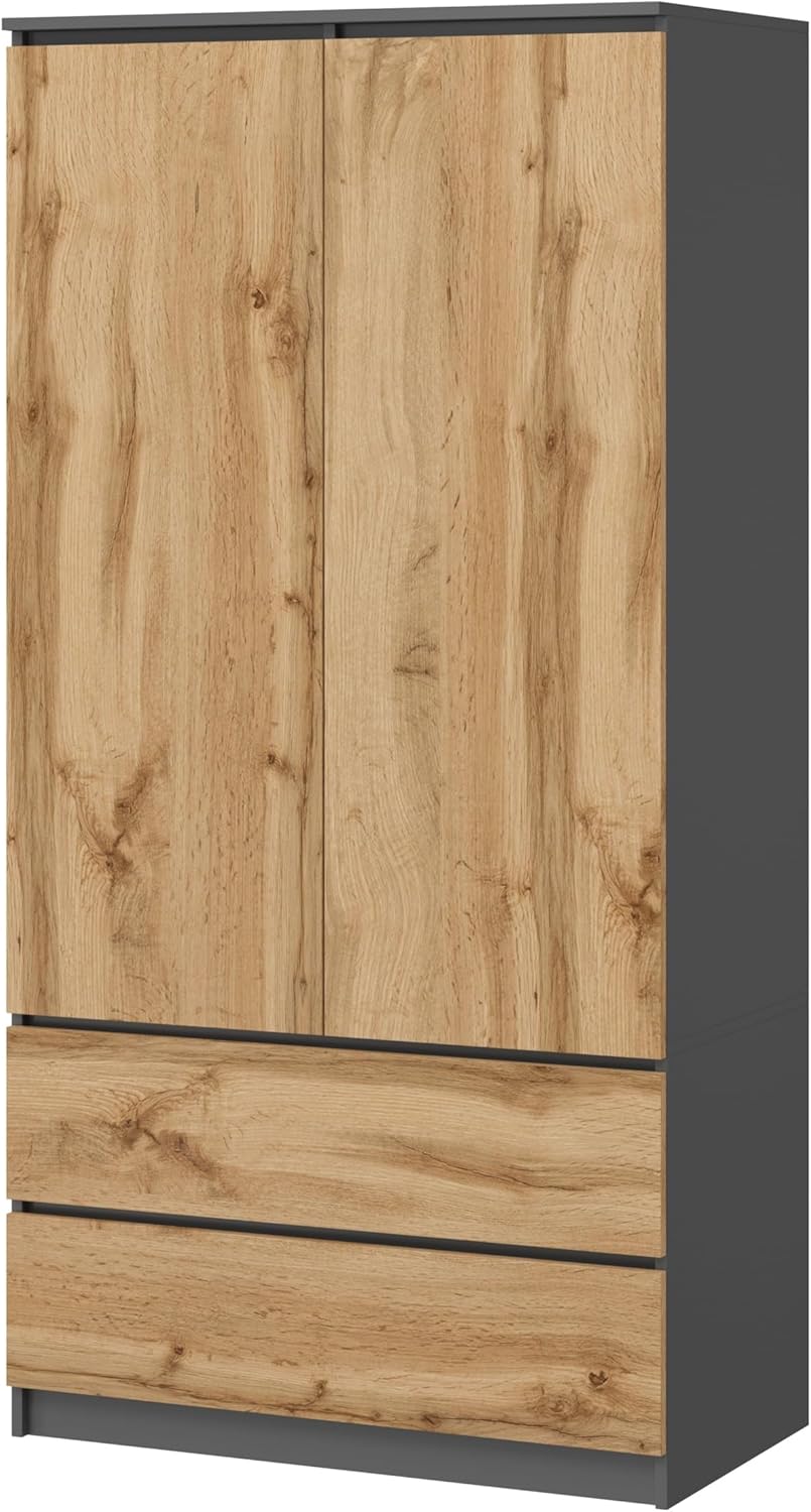 Large Wardrobe with 2 Doors, 2 Drawers, 4 Shelves & Clothes Hanger, Multi-Purpose Wardrobe, 180 x 90 x 50.5 cm (Graphite/Wotan Oak)