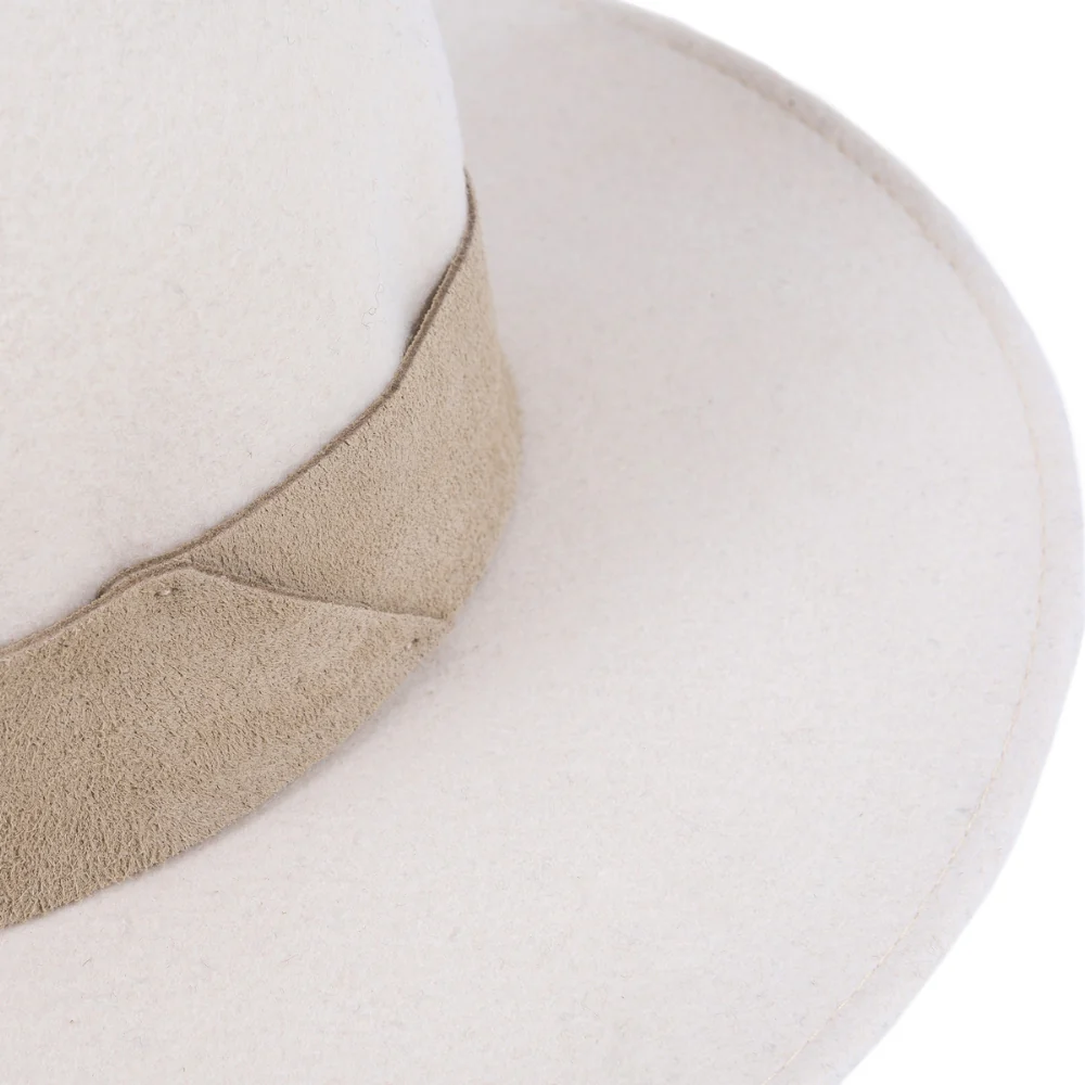 Latte Wool Wide Brim Hat with Large Suede Leather Band �?Stylish & Durable