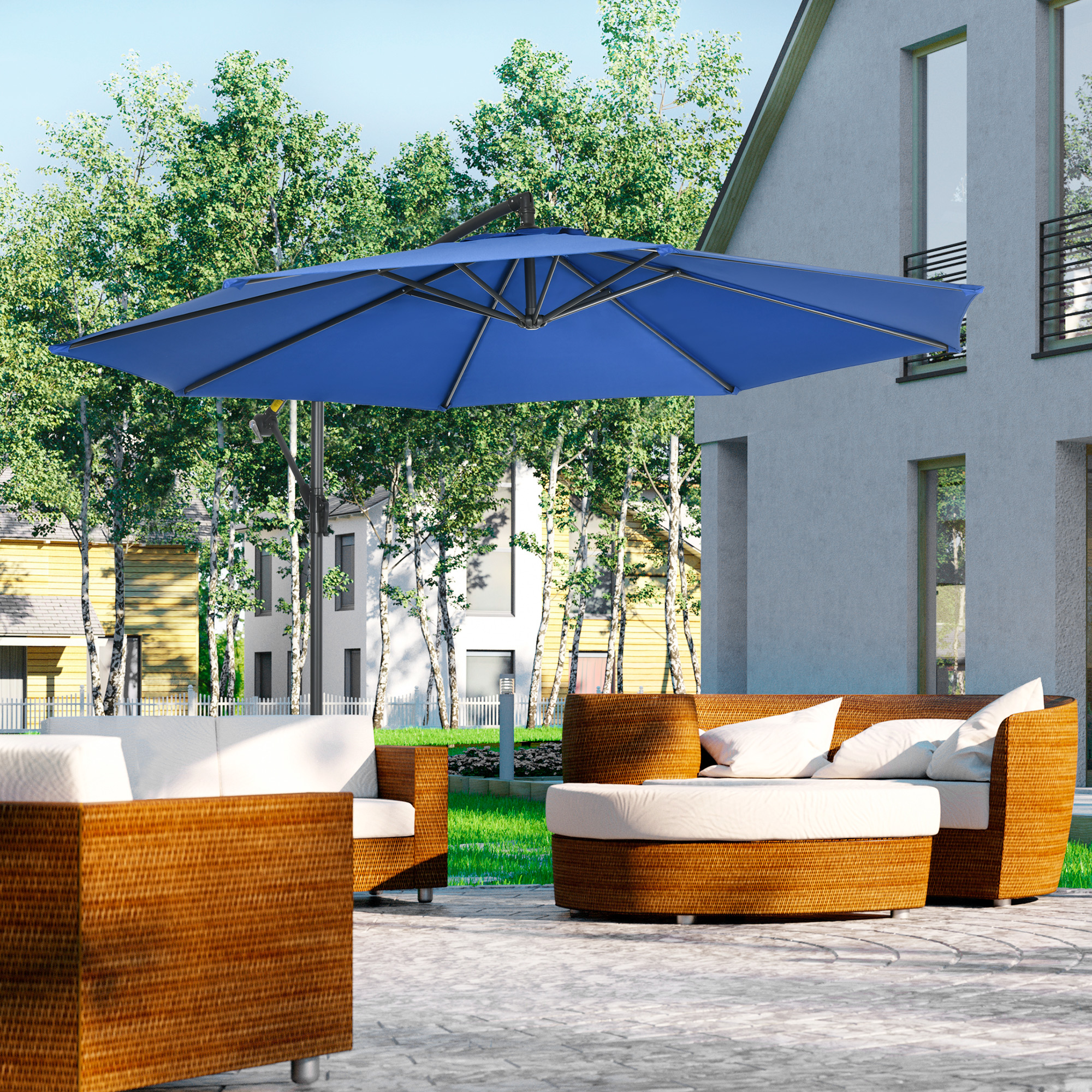 Outsunny Versetzter neigbarer klappbarer Gartenschirm mit 3 m Durchmesser und Ständer in Blau