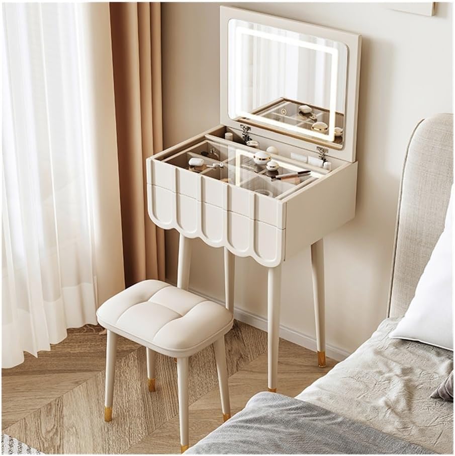 Elegante set da trucco in legno bianco con specchio ribaltabile e sgabello, scrivania salvaspazio e mobili per camera da letto, per trucco e prodotti di bellezza essenziali