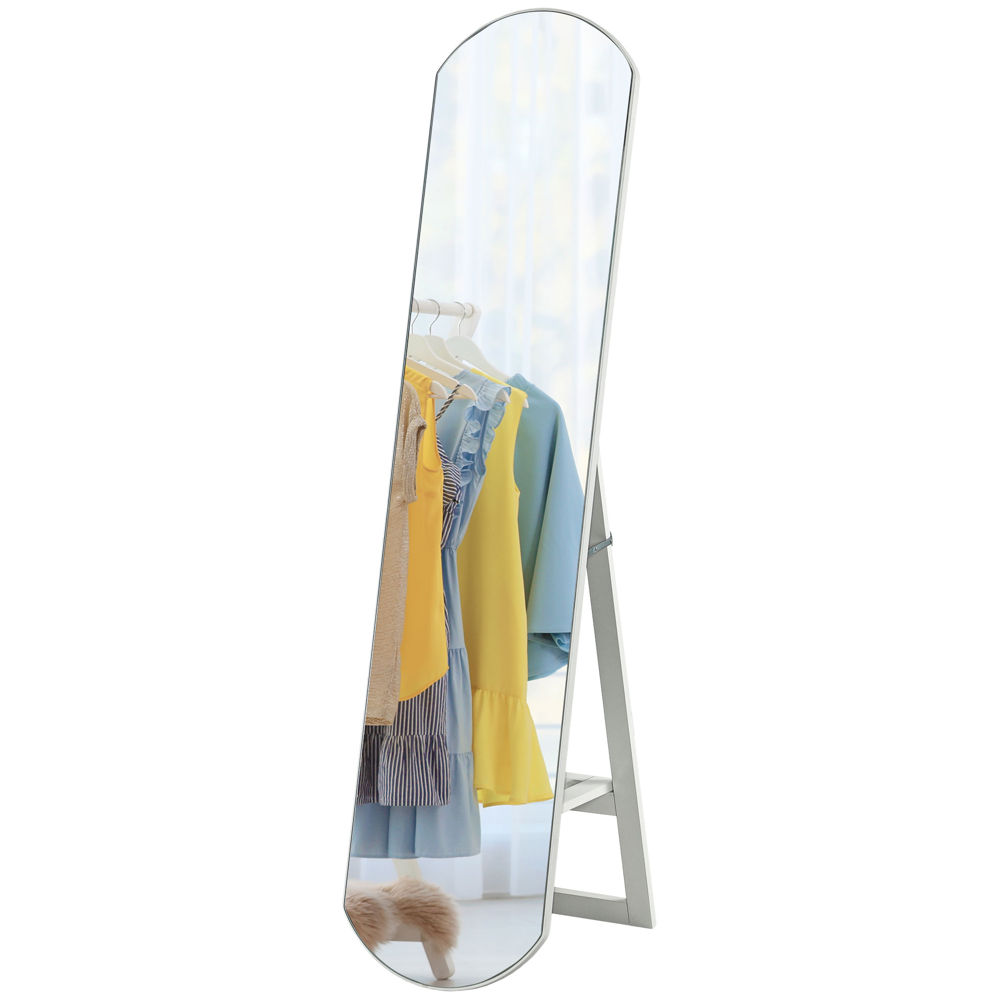 HOMCOM Kompletter Bogen Spiegel 35 x 150 cm mit Regal, Wand- oder Bodenmontage für Badezimmer, Schlafzimmer, Weiß