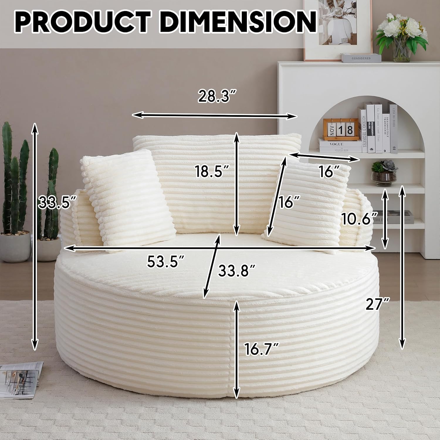 Oversized Round Chair Lounge Chaise Indoor, 53.5