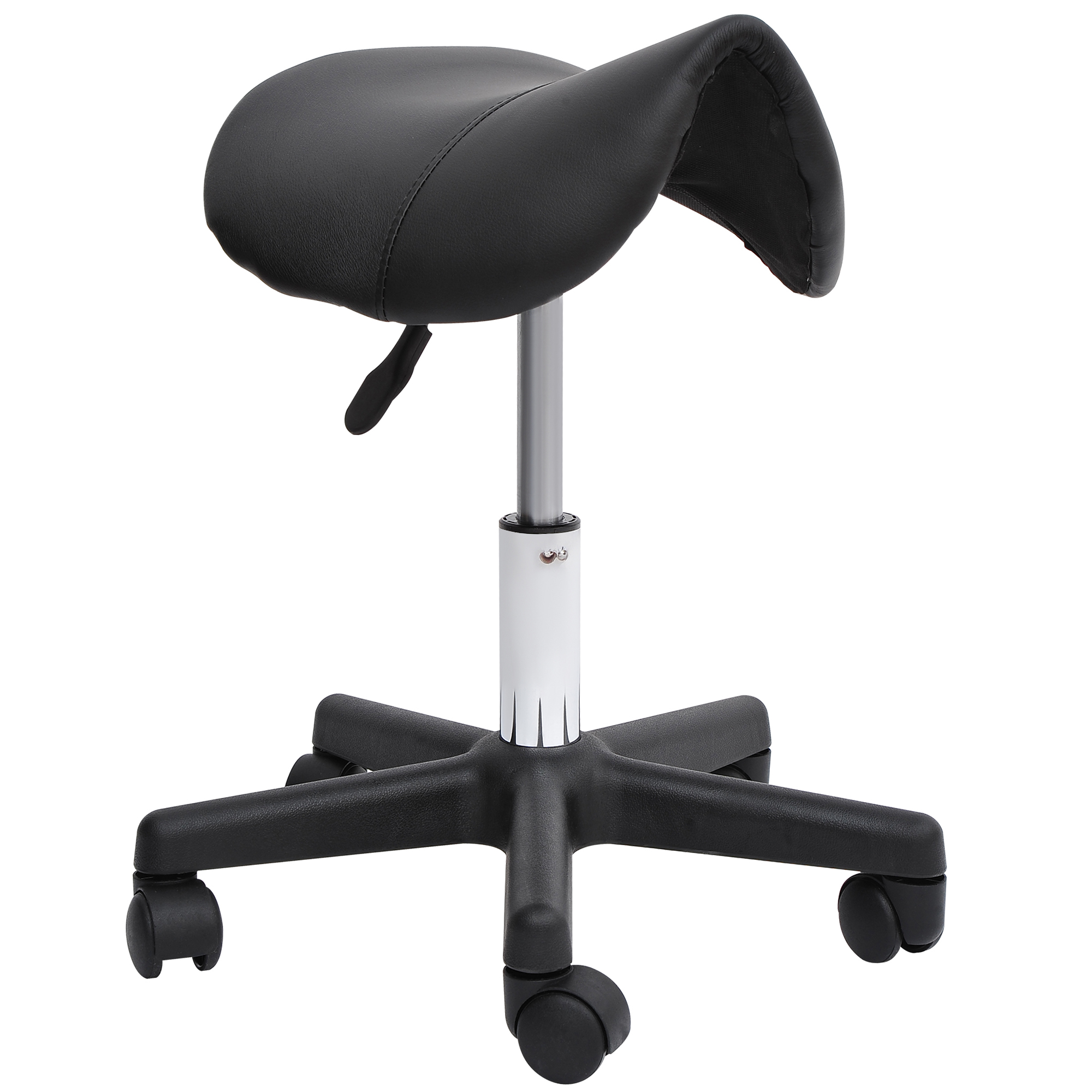 HOMCOM Rollhocker, sattelförmiger Sitz, höhenverstellbar, um 360° drehbar, Kunstleder, schwarz, 35 x 38 x 45-55 cm