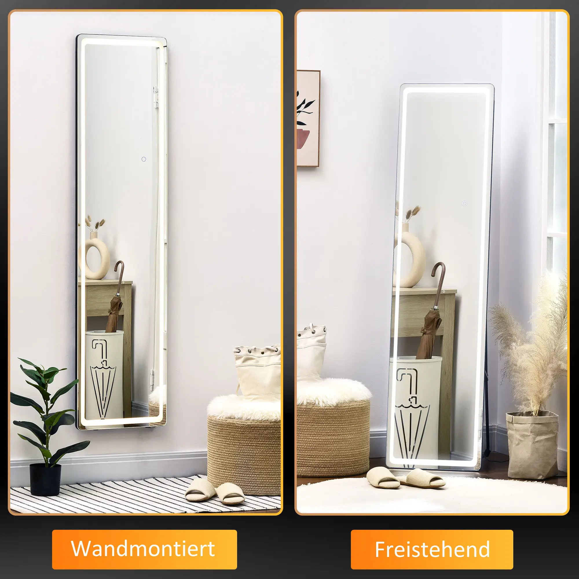 HOMCOM Standspiegel LED dimmbar 3 Lichtfarben freistehend/Wandmontage