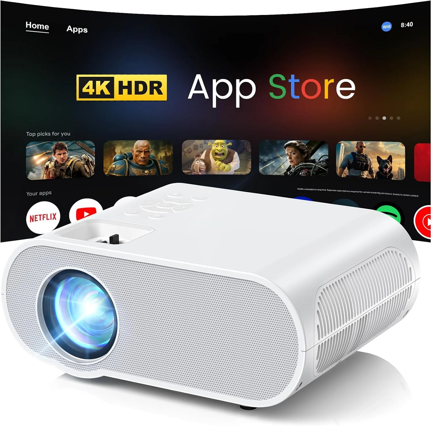 HOMPOW Beamer, Schwarz, WiFi Bluetooth Smart Google TV Netflix Offizielle Lizenz 4K