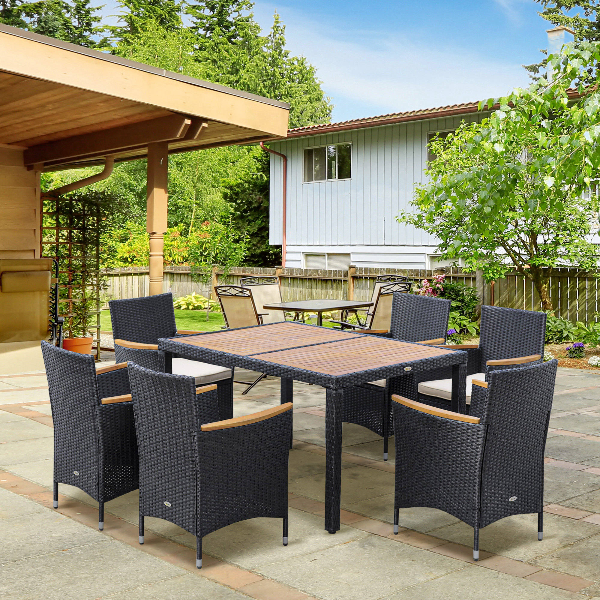 Outsunny Gartenmöbel-Set 6 Personen großer rechteckiger Esstisch + 6 Stühle & waschbare Kissen aus Stahl, PE-Rattan, Akazienholz Schwarz und Beige
