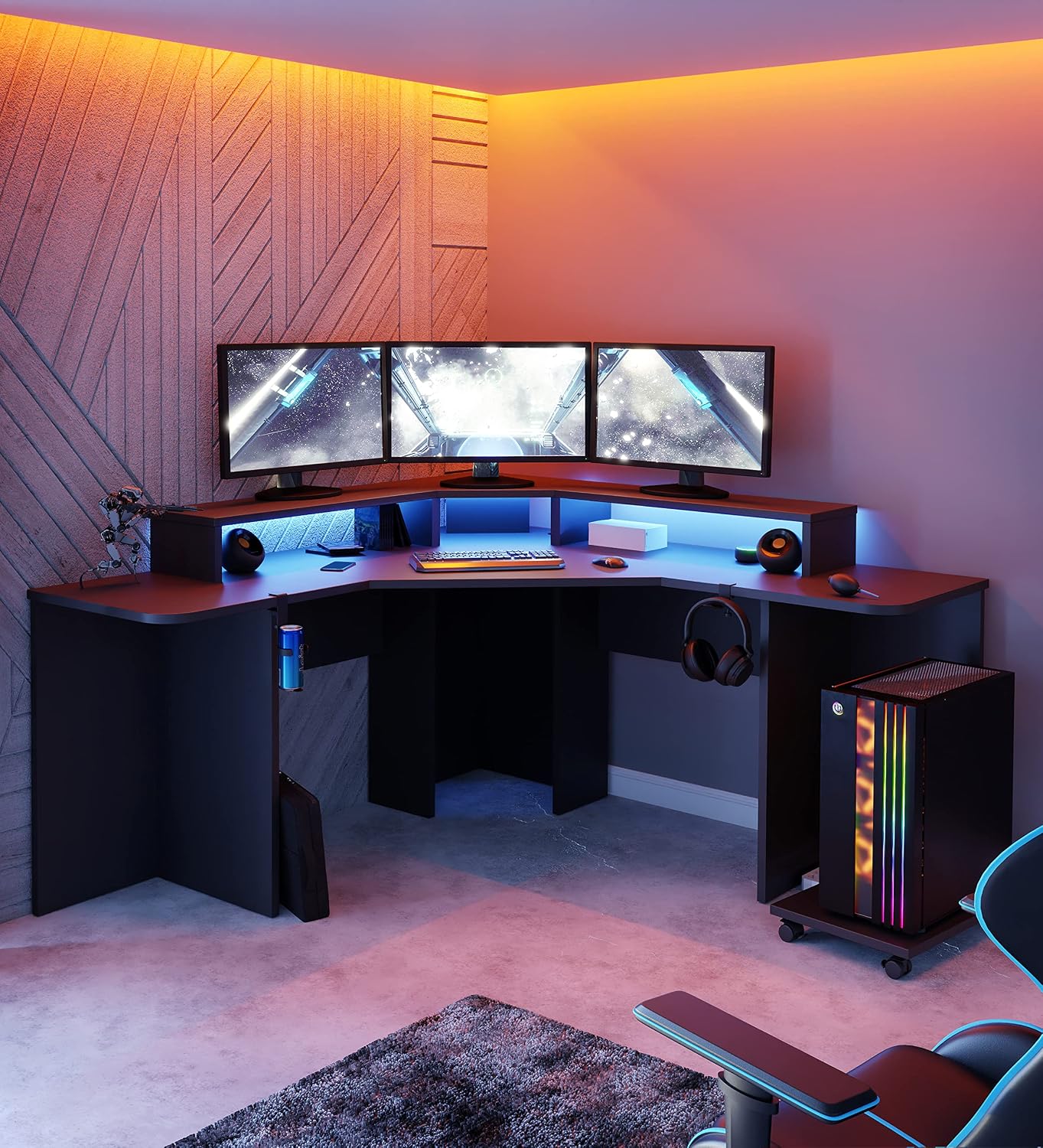 Forte Schreibtisch, 160 x 91 x 160 cm, Weiß, Tezaur Eck für Gamer inkl. RGB-Beleuchtung, Holzwerkstoff, Mattschwarz