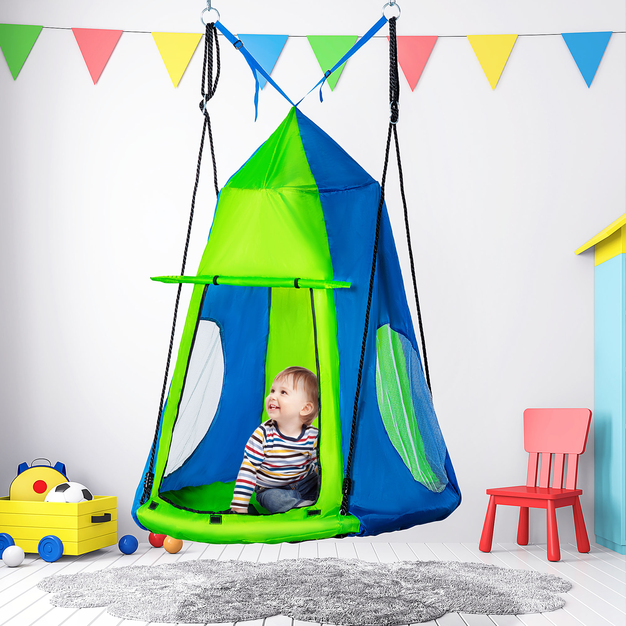 Outsunny Nestschaukel mit Zelt Ø100 cm Gartenschaukel mit Tür und Fenster Tellerschaukel Kinderschaukel Kinder Rundschaukel bis 200 kg belastbar Metall Grün+Blau