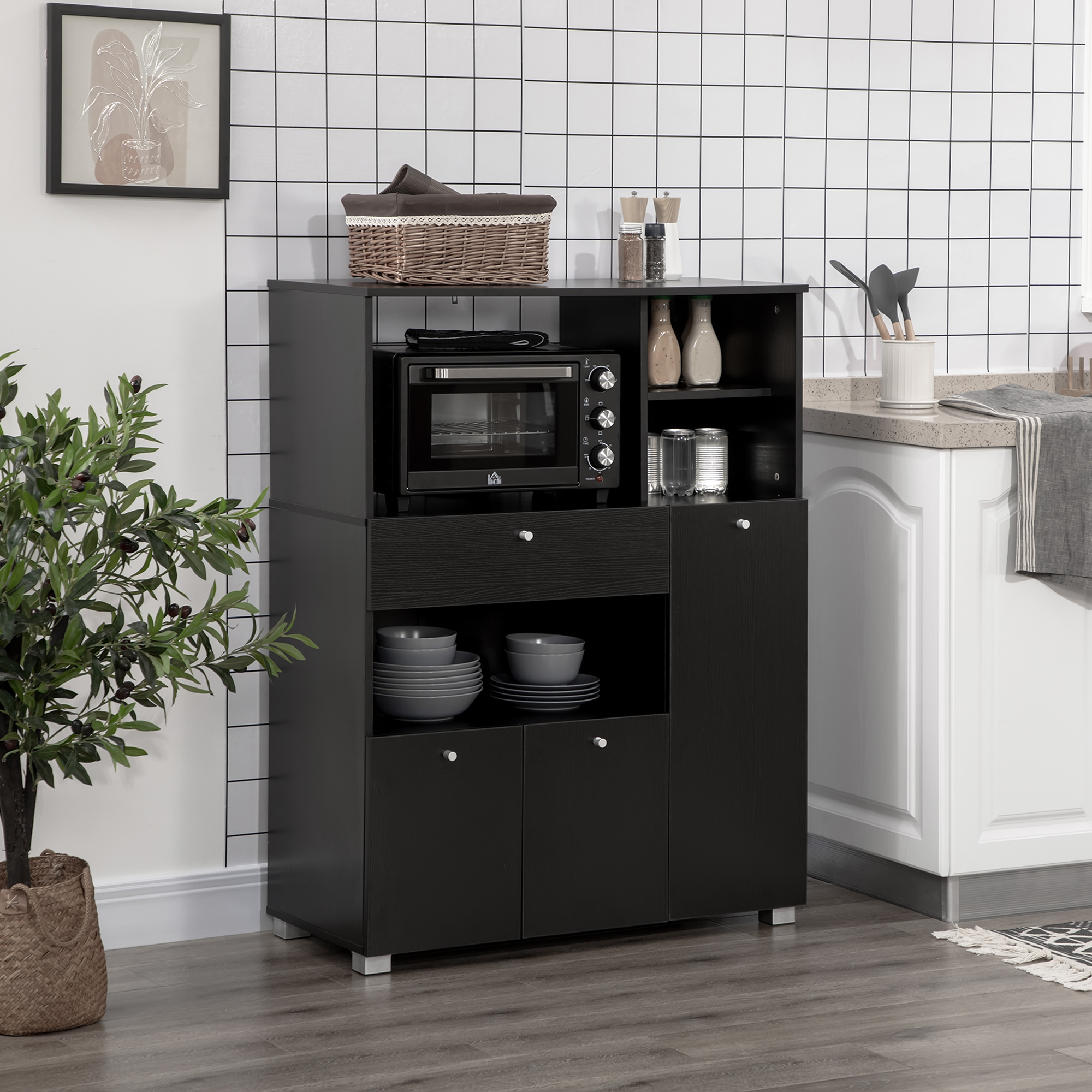 HOMCOM Mikrowellenmöbel mit mehreren Abteilen 2 Schränken 4 Nischen ausziehbarer Schublade schwarz 90L x 40B x 120H cm aus Holz