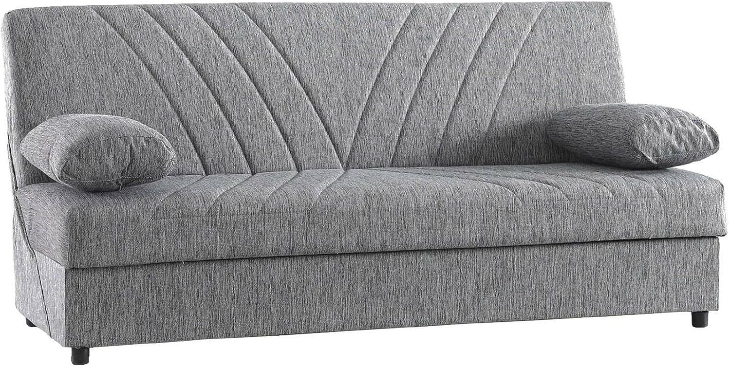Dmora - Divano letto 3 posti Ramon, Divano contenitore 2 cuscini inclusi, Sofà da soggiorno in tessuto con apertura click-clack, 181x81h88 cm, Grigio