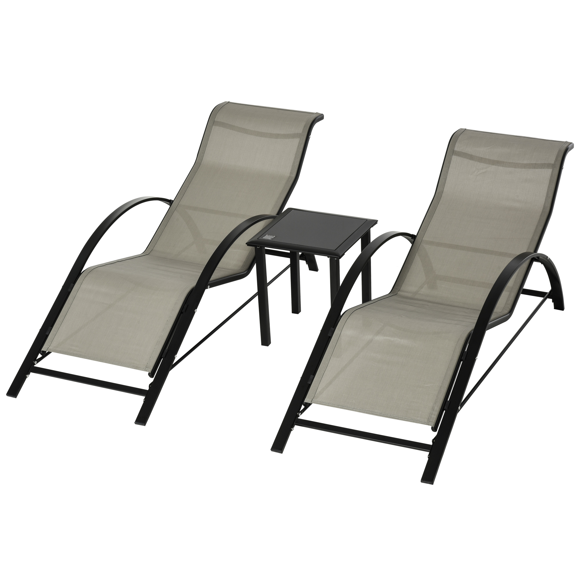 Outsunny 3-tlg. Gartenliegen-Set, 2 Sonnenliegen & 1 Beistelltisch, Metallrahmen, Grau+Schwarz