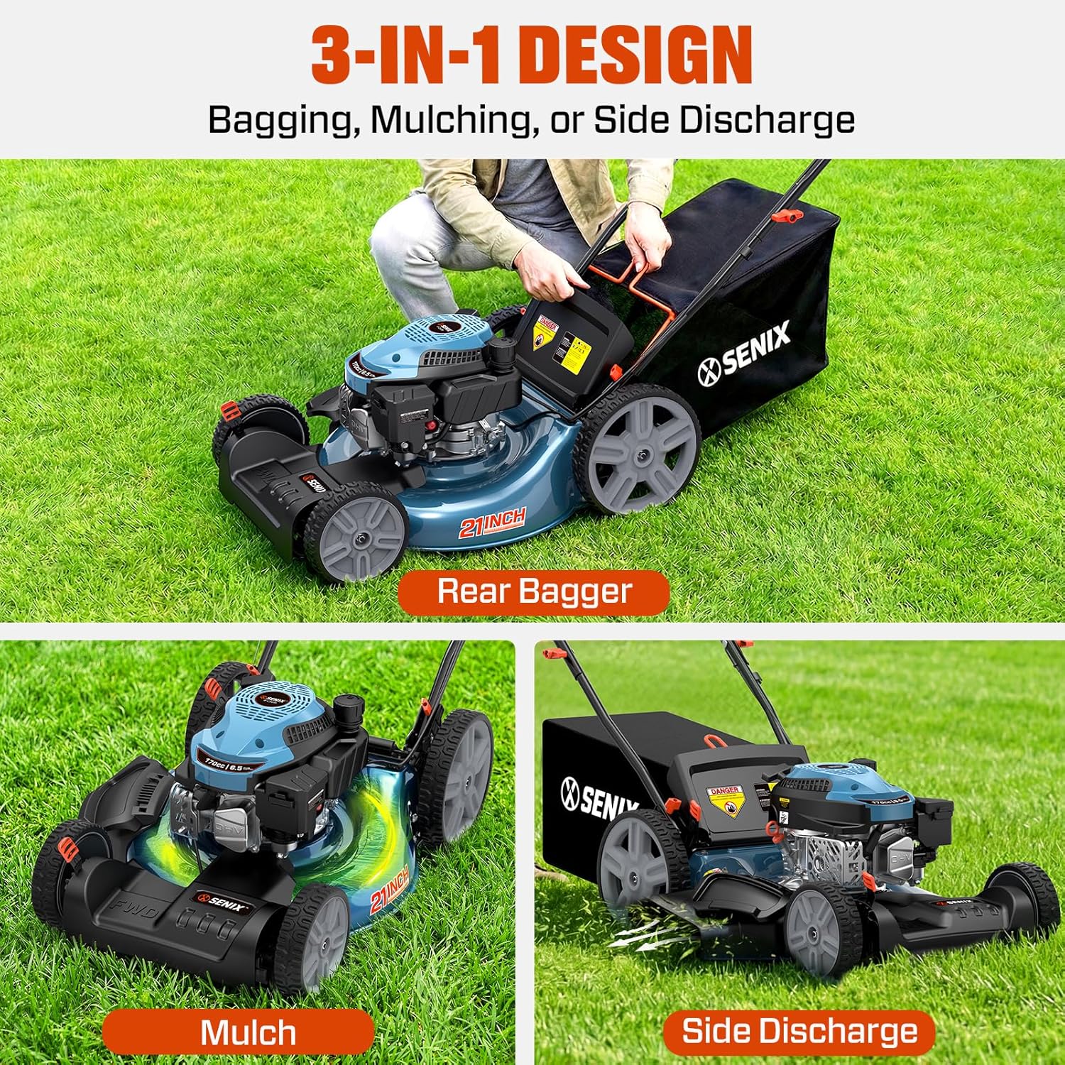 SENIX 21'' Self-Propelled Gas Lawn Mower (FWD)  170 cc 4-Cycle Engine 3.8 HP  3-in-1 (Bagging/Mulching/Side Discharge)  6-Position Cutting Height Adjustment  1.7 Bushels Grass Bag