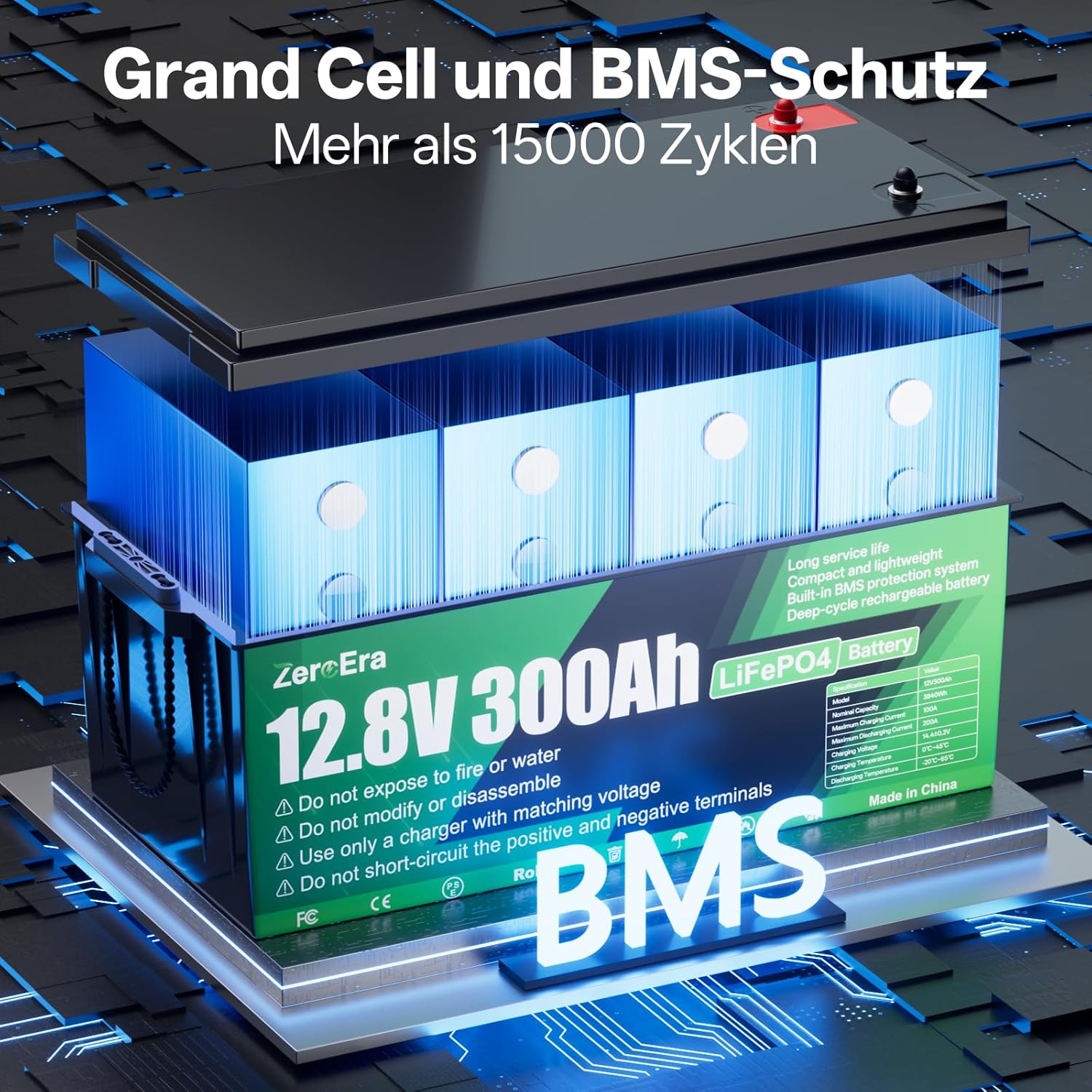 LiFePO4 Batterie 12V 300Ah,3840Wh Lithium Battery mit Temperaturschutz von 200A BMS,15000+ Deep Cycle, Unterstützt Serien/Parallelschaltung für Haushaltsspeicher,Wohnmobil