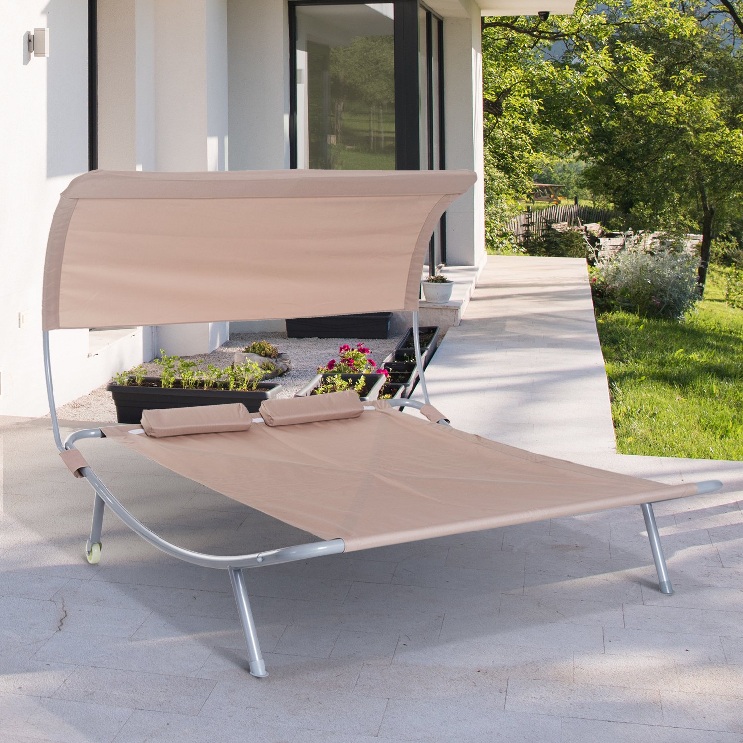 Outsunny® Doppelliege Relaxliege mit Dach rollbar Stahl Beige