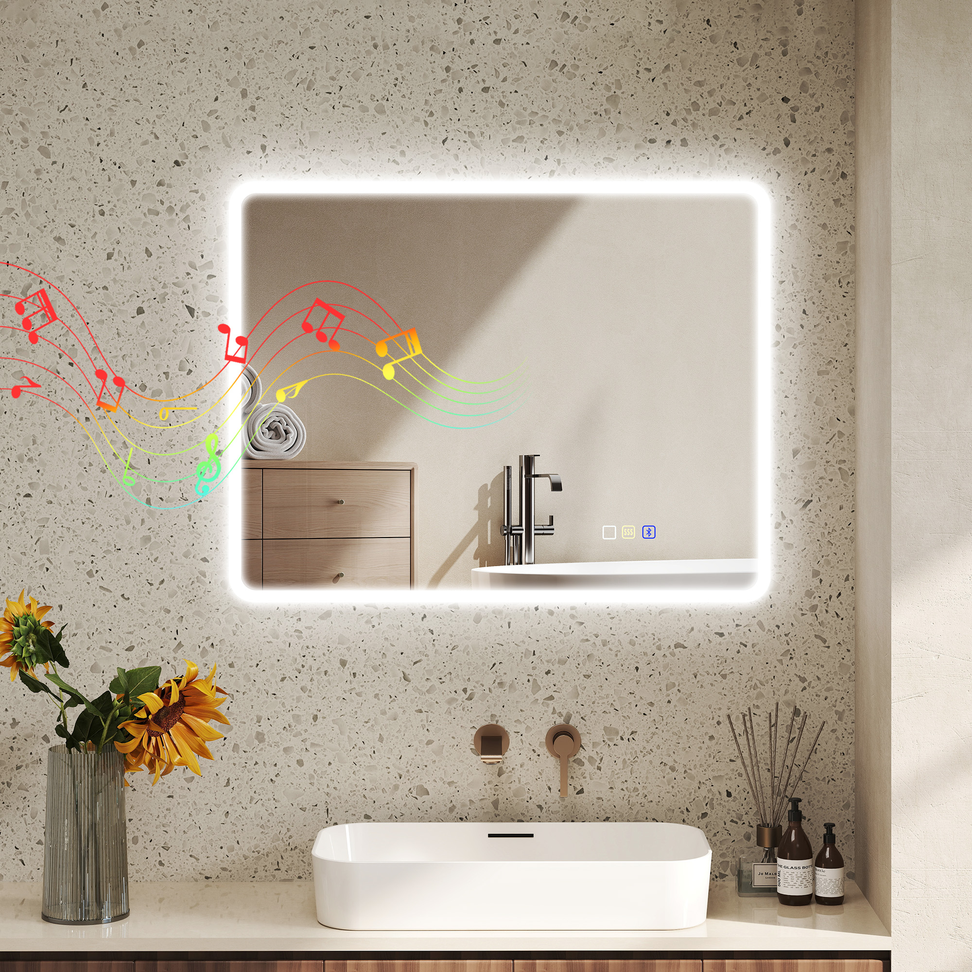 HOMCOM Badezimmerspiegel LED Bluetooth 70 x 90 cm Touchschalter Licht einstellbar 3 Farben Anti-Beschlag Speicher Silber
