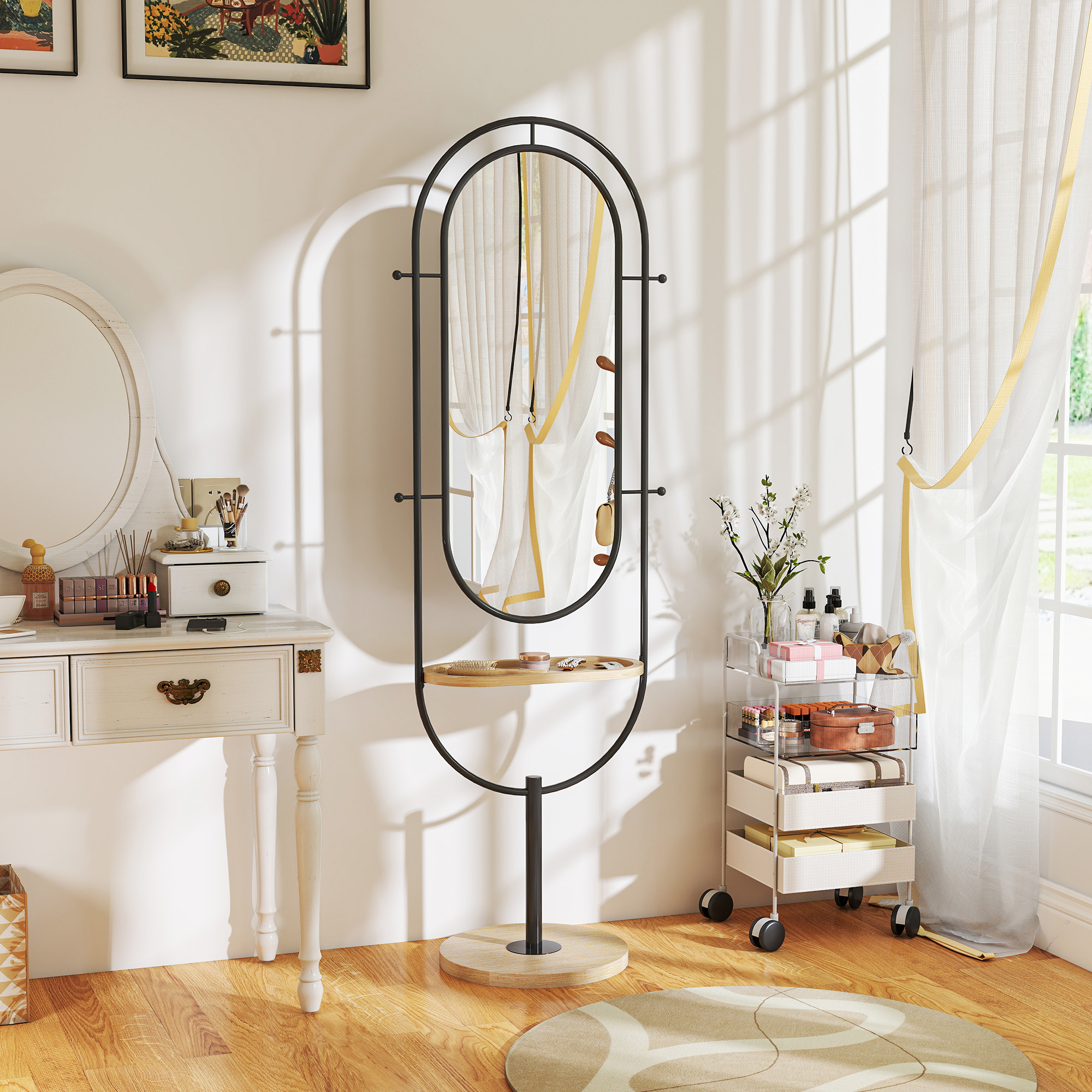 HOMCOM Ovaler Standspiegel mit Holzregal, 4 Haken und Metallrahmen, 50 x 40 x 175,5 cm, Schwarz