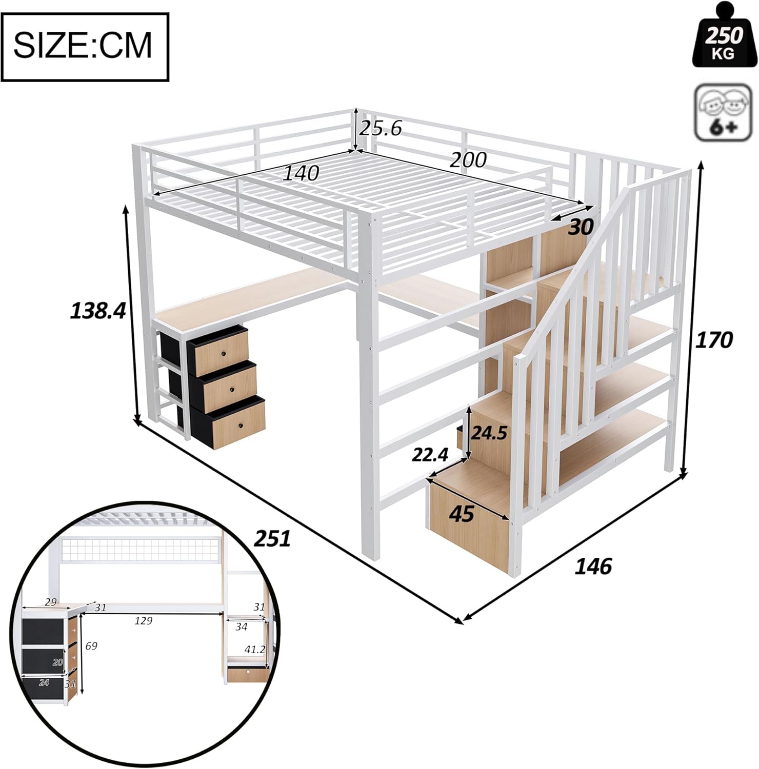 Soweiz Letto a soppalco con scrivania, telaio in ferro, 4 cassetti, griglia per appendere oggetti, con striscia luminosa a LED, scala di stoccaggio, senza materasso (bianco, 140 x 200 cm)