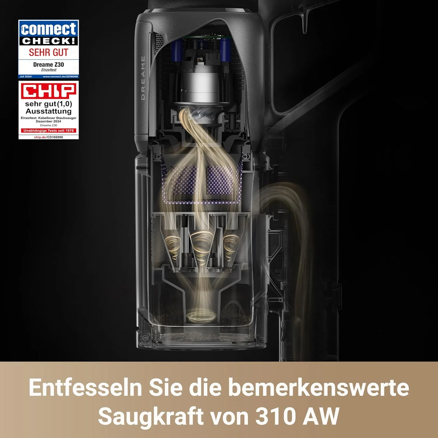 dreame Z30 Kabelloser Bodenstaubsauger, 310 AW Saugkraft, 90 min Max Reinigungszeit, Dust-Reveal-Technologie, Tierhaar-Entfernungswerkzeug, Multi-Flächen-Saugkraft, Schmutzerkennung