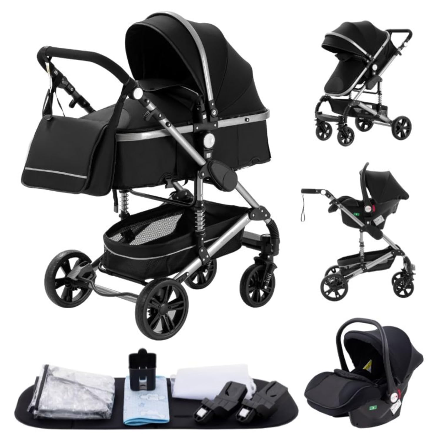 YAZOCO kinderwagen 3 in 1 Buggy Babybett Komplett Set Einem Klick Zusammenklappbarer Kinderwagen, KombiKinderwagen Aluminiumrahmen für Neugeborene Sitzzubehör (1 schwarz)