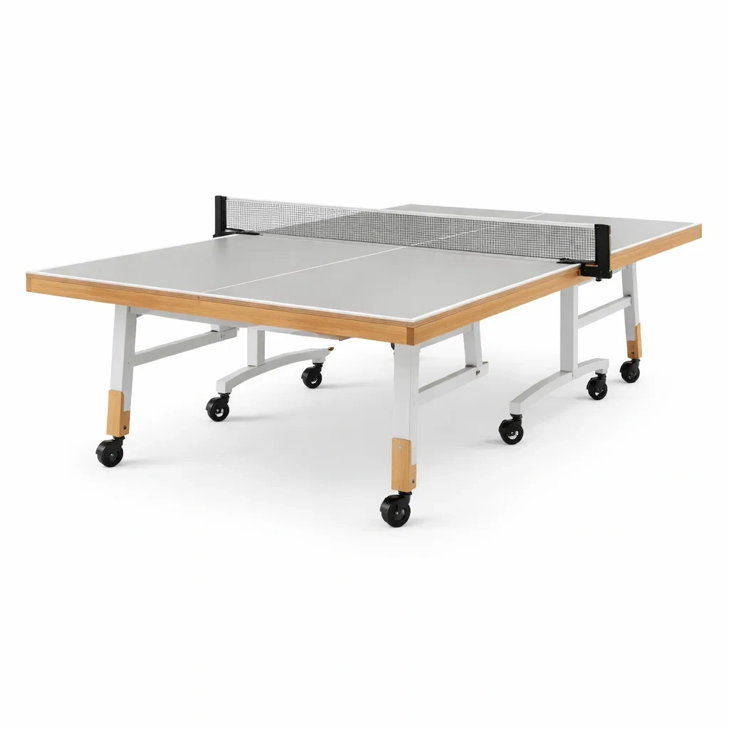 Tavolo da ping pong pieghevole in mdf grigio con struttura in acciaio e ruote