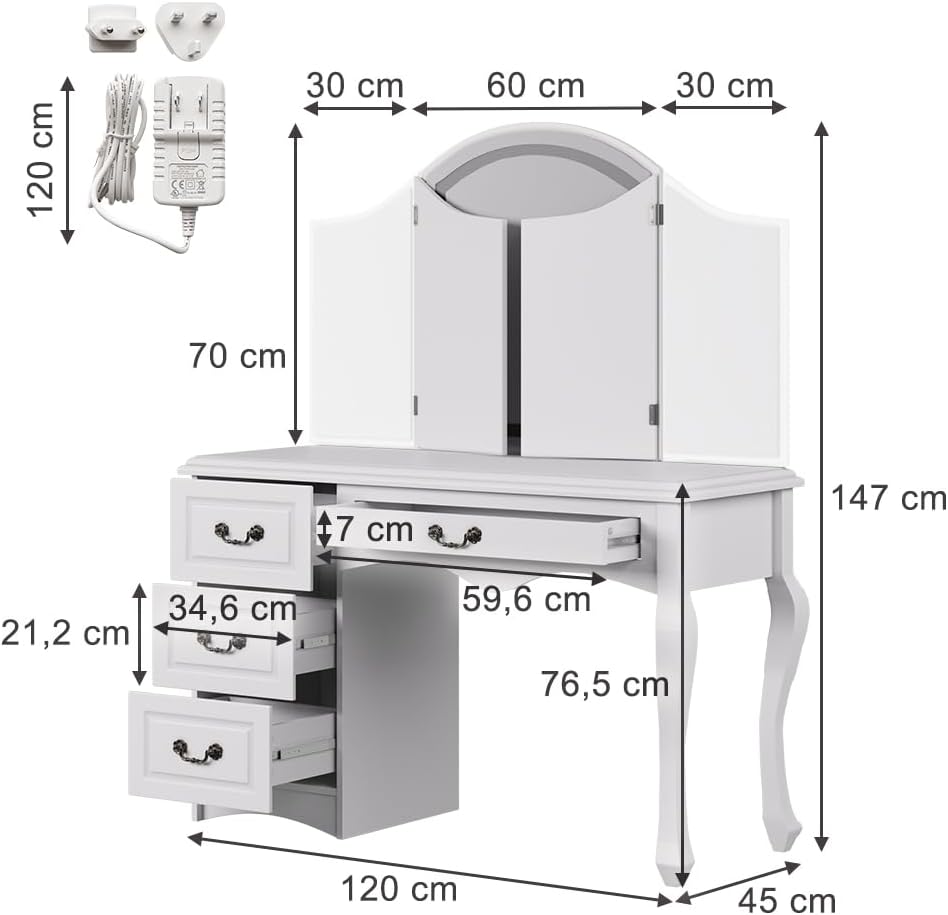 Vicco Belle White Dressing Table 120cm with Dimmable LED Lighting