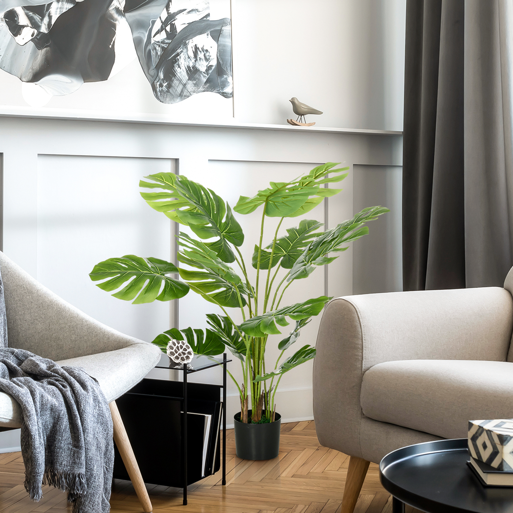 HOMCOM Kunstpflanze Realistische Kunstpflanze Monstera Deliciosa,1 Übertopf und Zementerde,17,5 cm x 17,5 cm x 120 cm, Grün