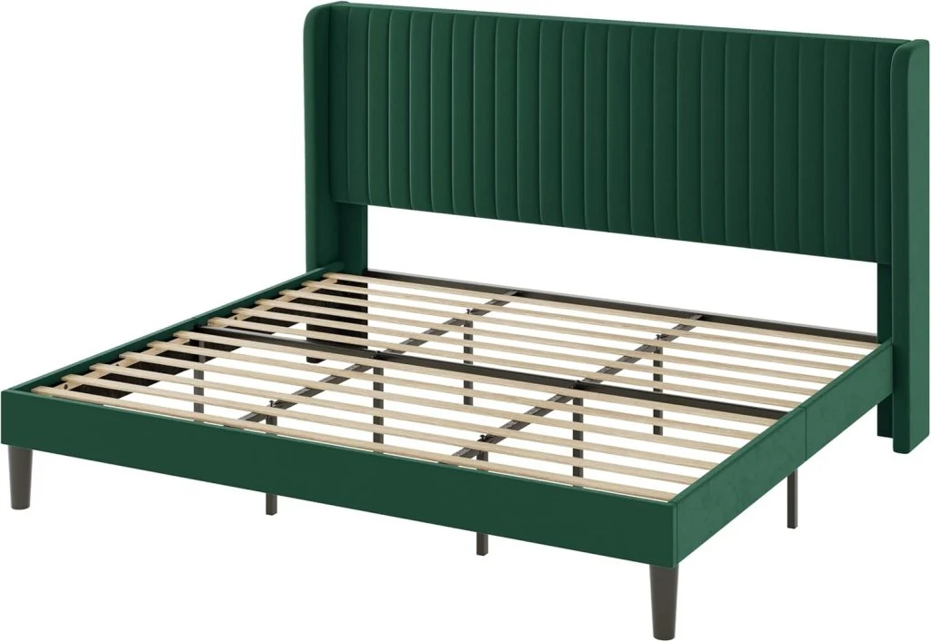 Allewie Full Size Velvet Bed Frame/Vertical Channel Tufted Wingback Headboard/Upholstered Platform Bed/Strong Wooden Slats/No Box Spring Needed/Easy Assembly/White