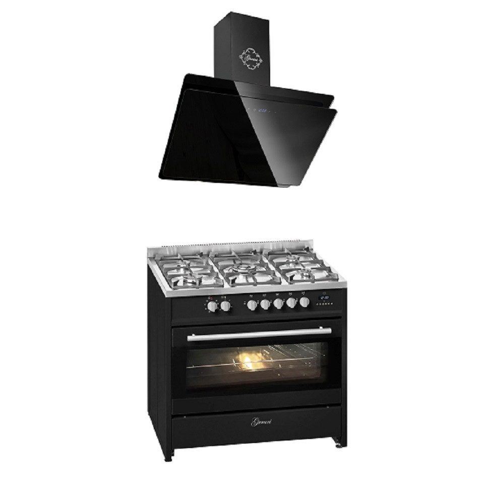 Gas-Standherd 90 cm Range Cooker 121L+Dunstabzugshaube 90 cm GCH E 911 BL+GCH S 411 90 BL PRIME N
