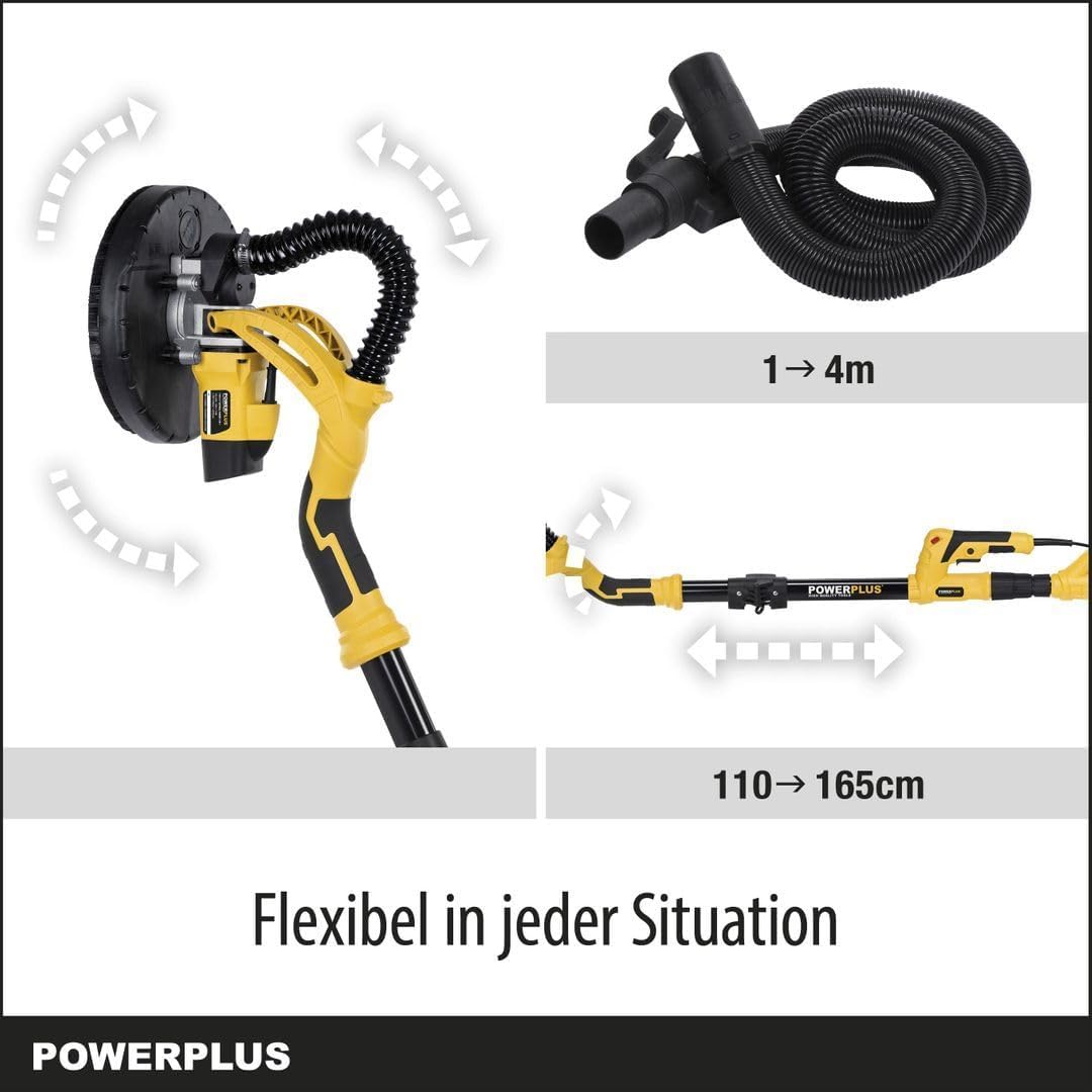 Powerplus Elektro-Trockenbauschleifer POWX0477-710W Elektrowerkzeug Schleifmaschine für Trockenbau - Wand und Deckenschleifer Schleifpapier Ø225mm - 1500min-1 - Teleskop - mit 12 Acc.