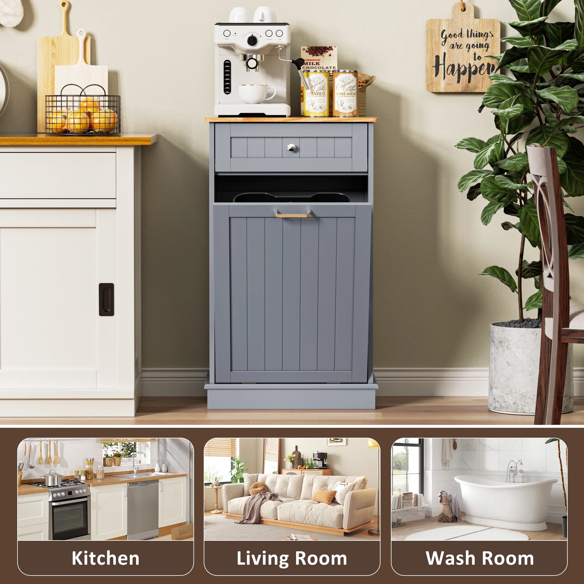 HARIPUL Single Tilt Out Trash Cabinet for 13 Gallon Waste Bin, Free Standing Kitchen Trash Can Cabinet with Drawers, White
