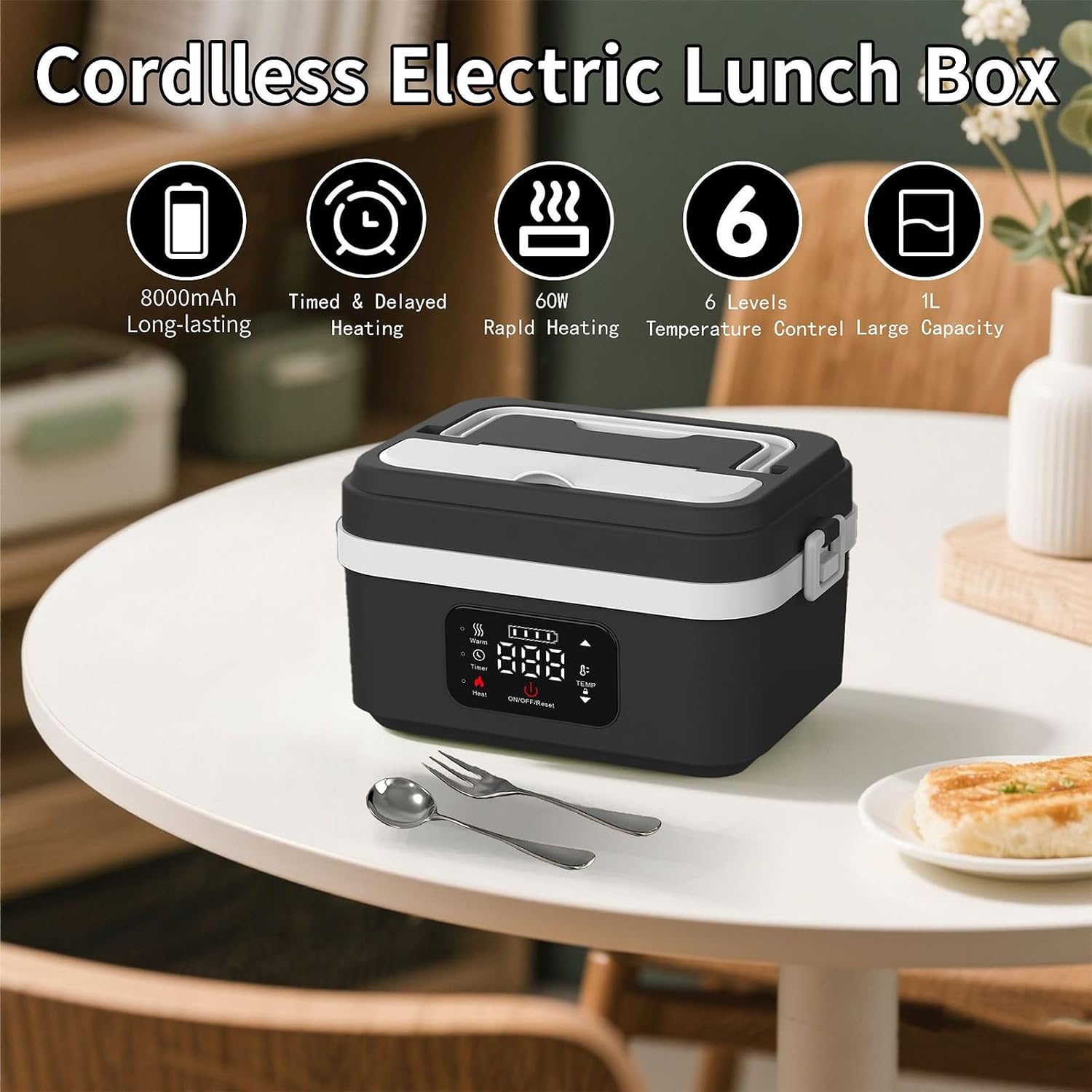 Scatola per il pranzo elettrica senza fili per adulti, 1 l 16000 mAh, ricaricabile, ciotola riscaldata, per il pranzo con riscaldamento automatico, per viaggi, ufficio, picnic (nero)