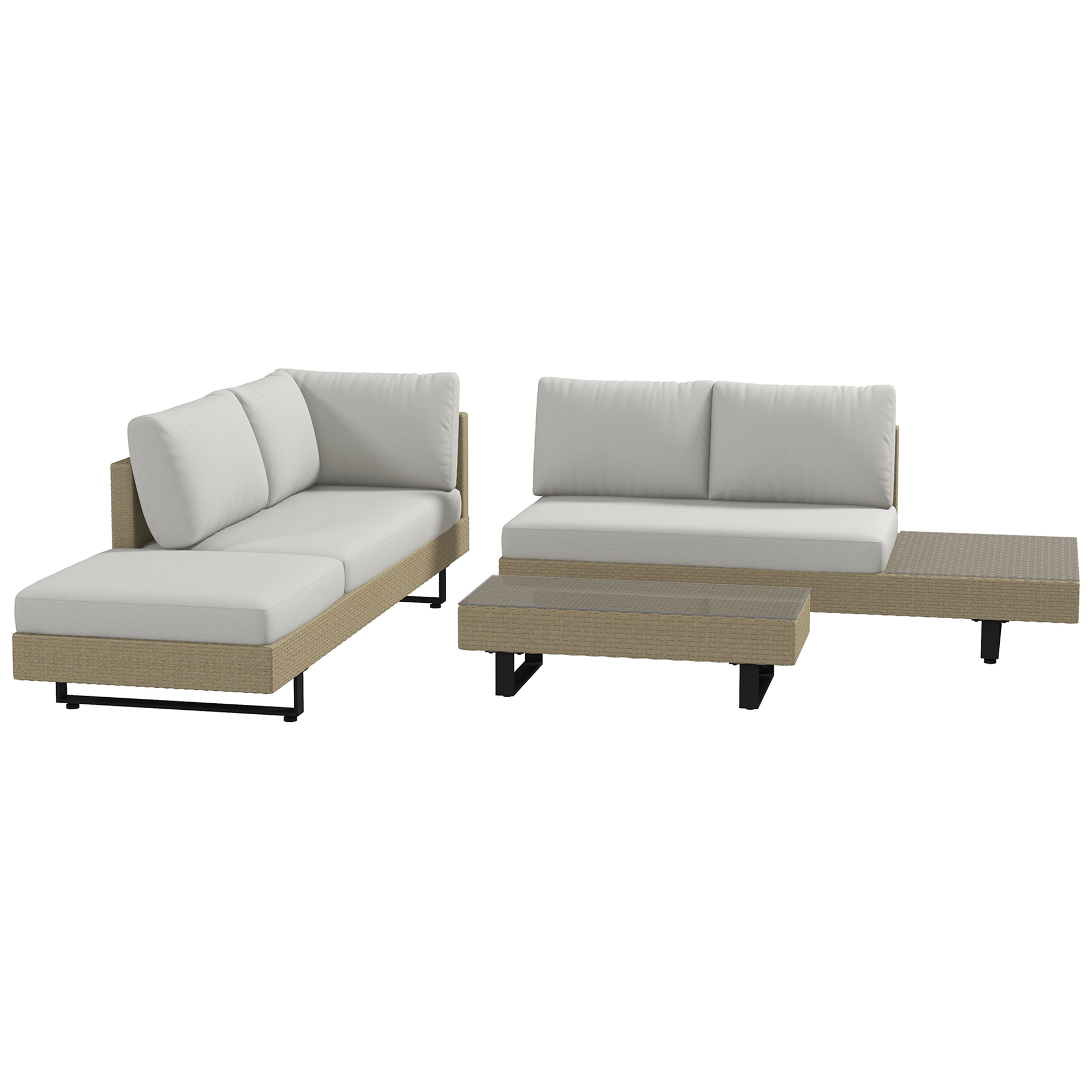 Outsunny Ecksofa-Set für 5 Personen modernes Design, abnehmbare Kissen, Couchtisch aus Epoxy-beschichtetem Stahl, beige Rattanimitat Geflecht